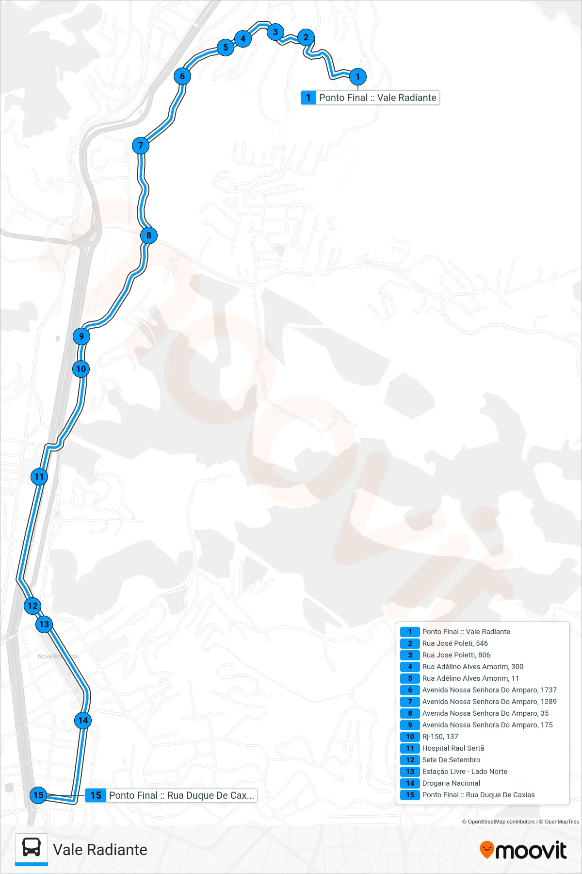 Rota e paradas da linha de ônibus 16A (Centro) no mapa