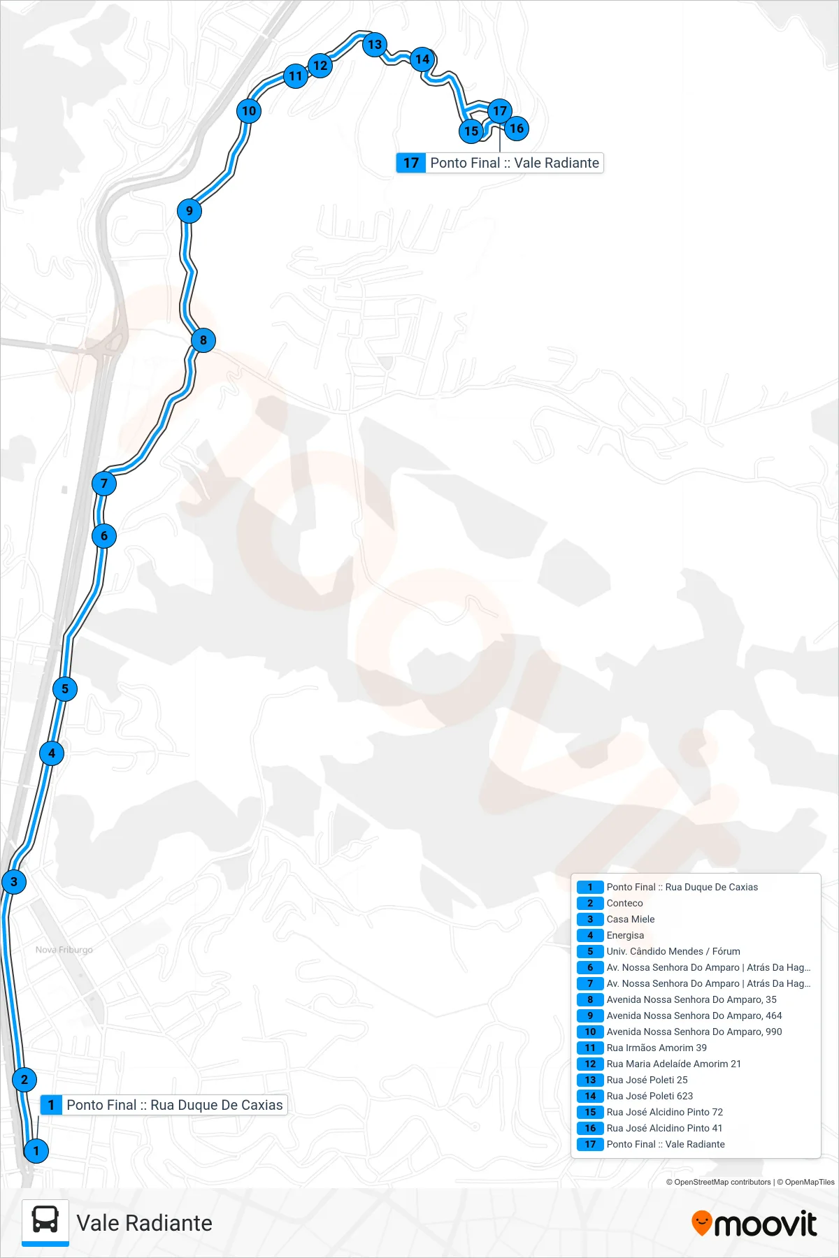 Rota e paradas da linha de ônibus 16A (Vale Radiante) no mapa