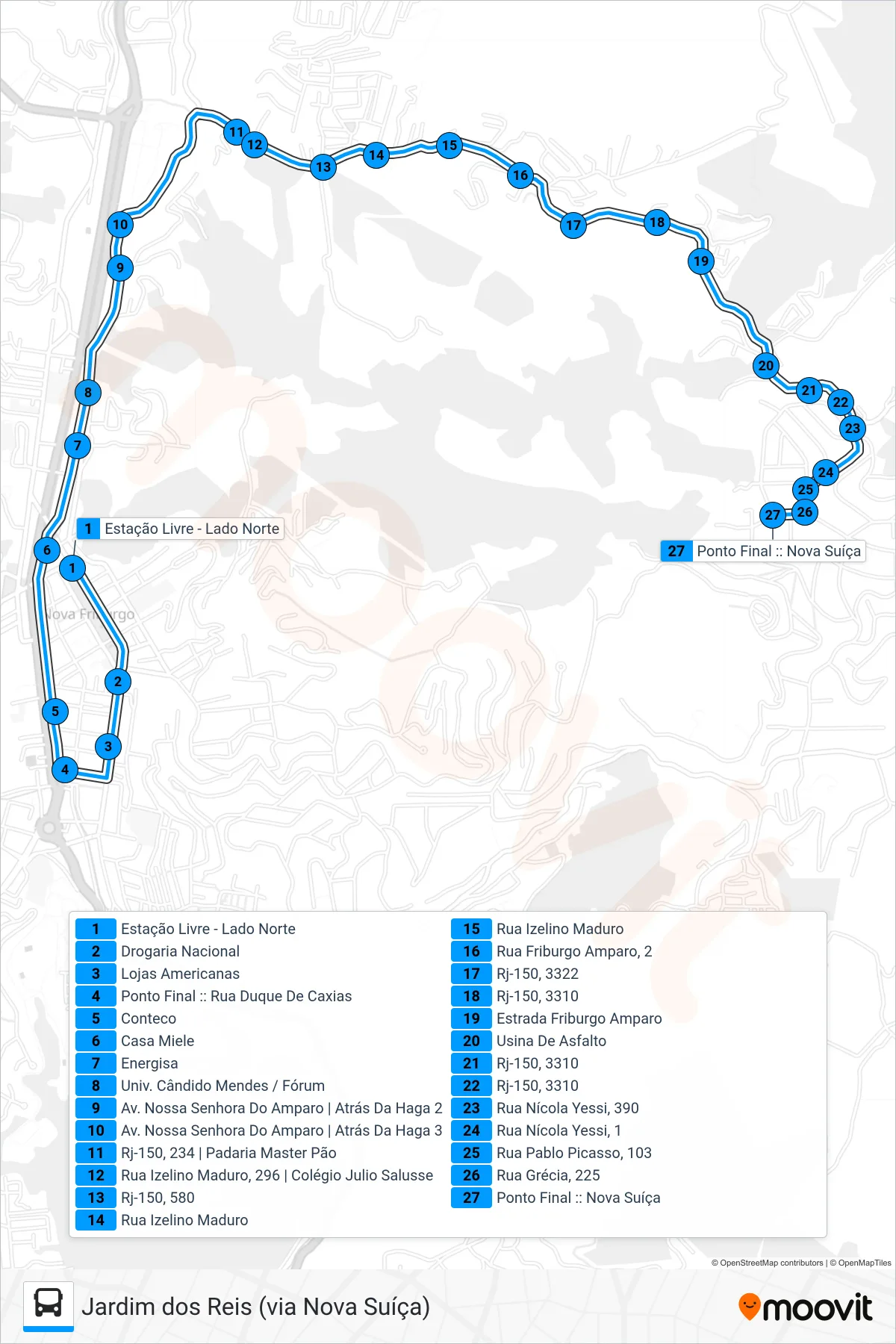 Rota e paradas da linha de ônibus 35A (Jardim dos Reis) no mapa