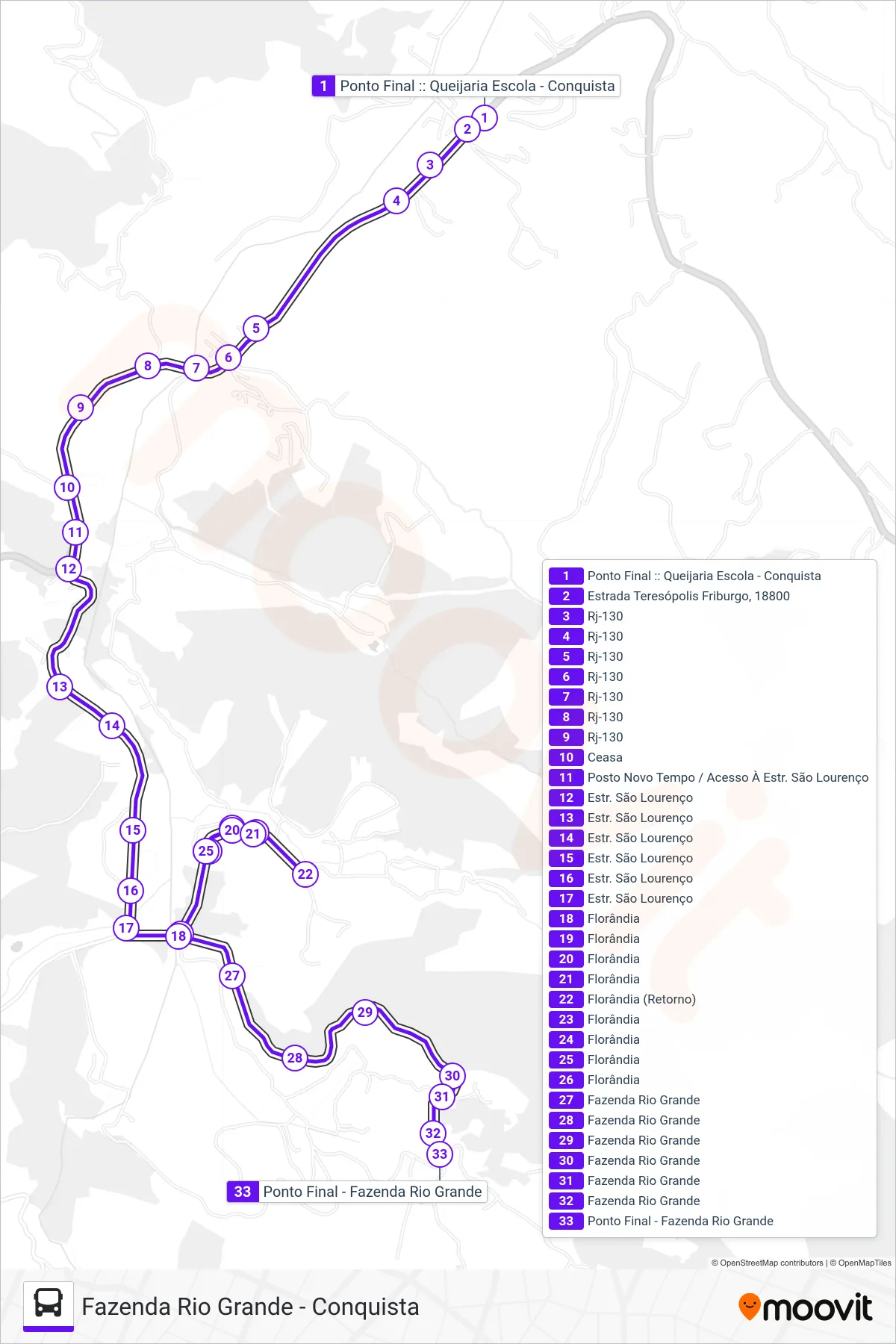 501 bus Line (Fazenda Rio Grande) route and stops on a map