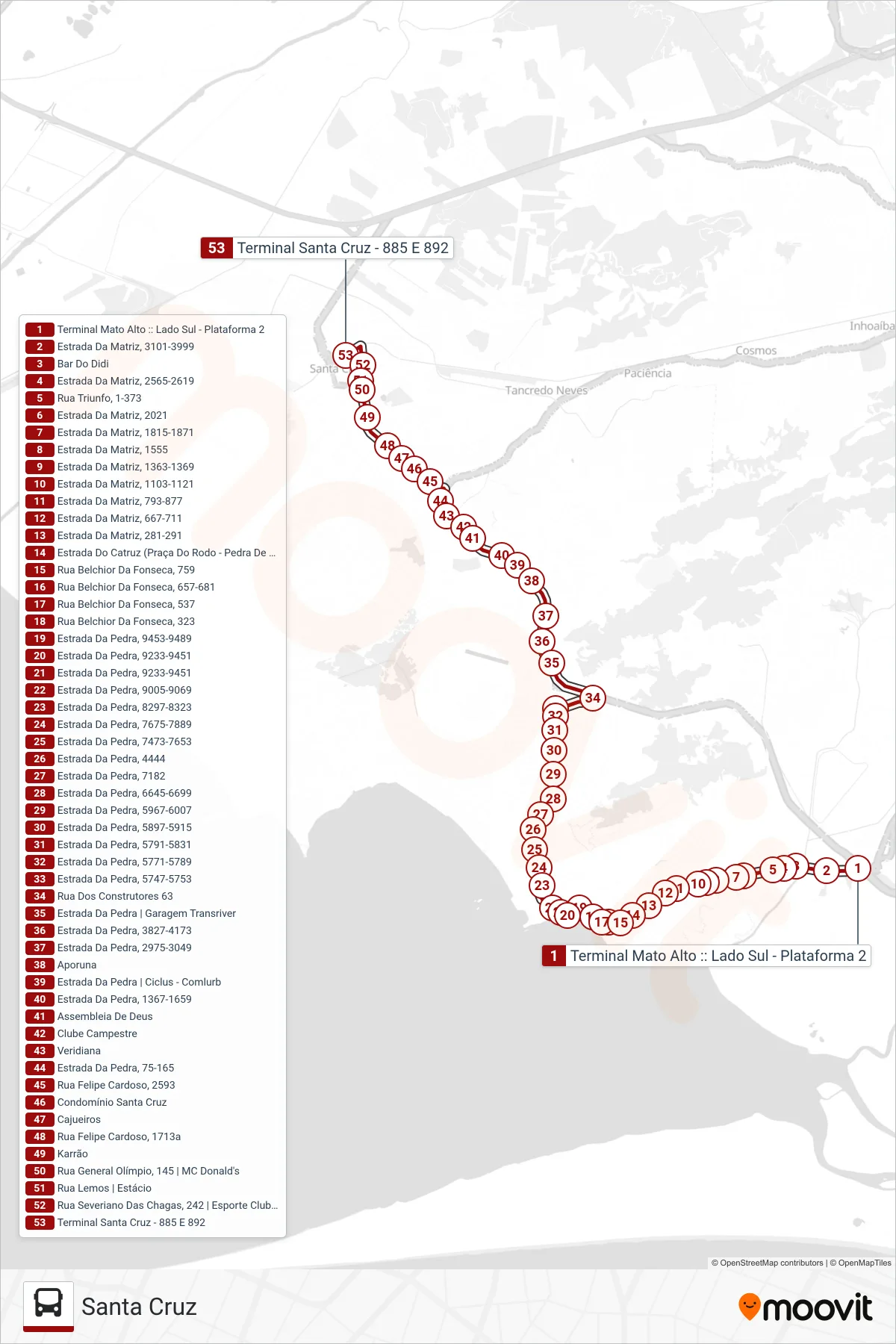 Rota e paradas da linha de ônibus SN 885 (Santa Cruz) no mapa