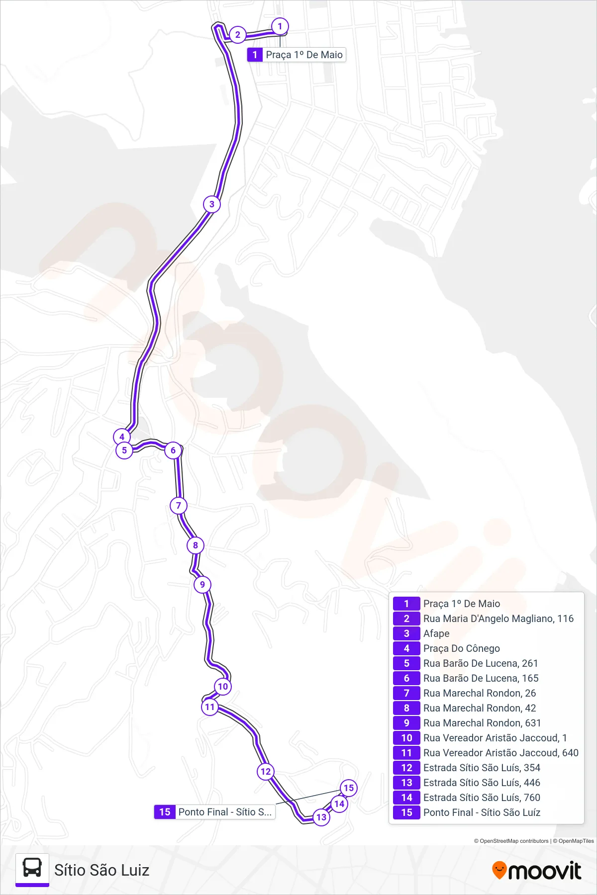 Rota e paradas da linha de ônibus  101  (Sítio São Luiz) no mapa