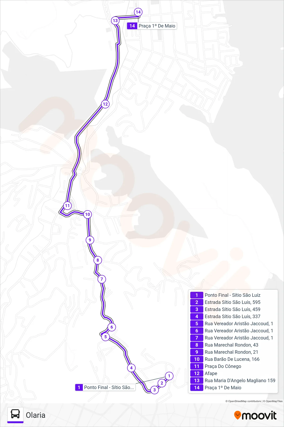 Rota e paradas da linha de ônibus 101 (Olaria) no mapa