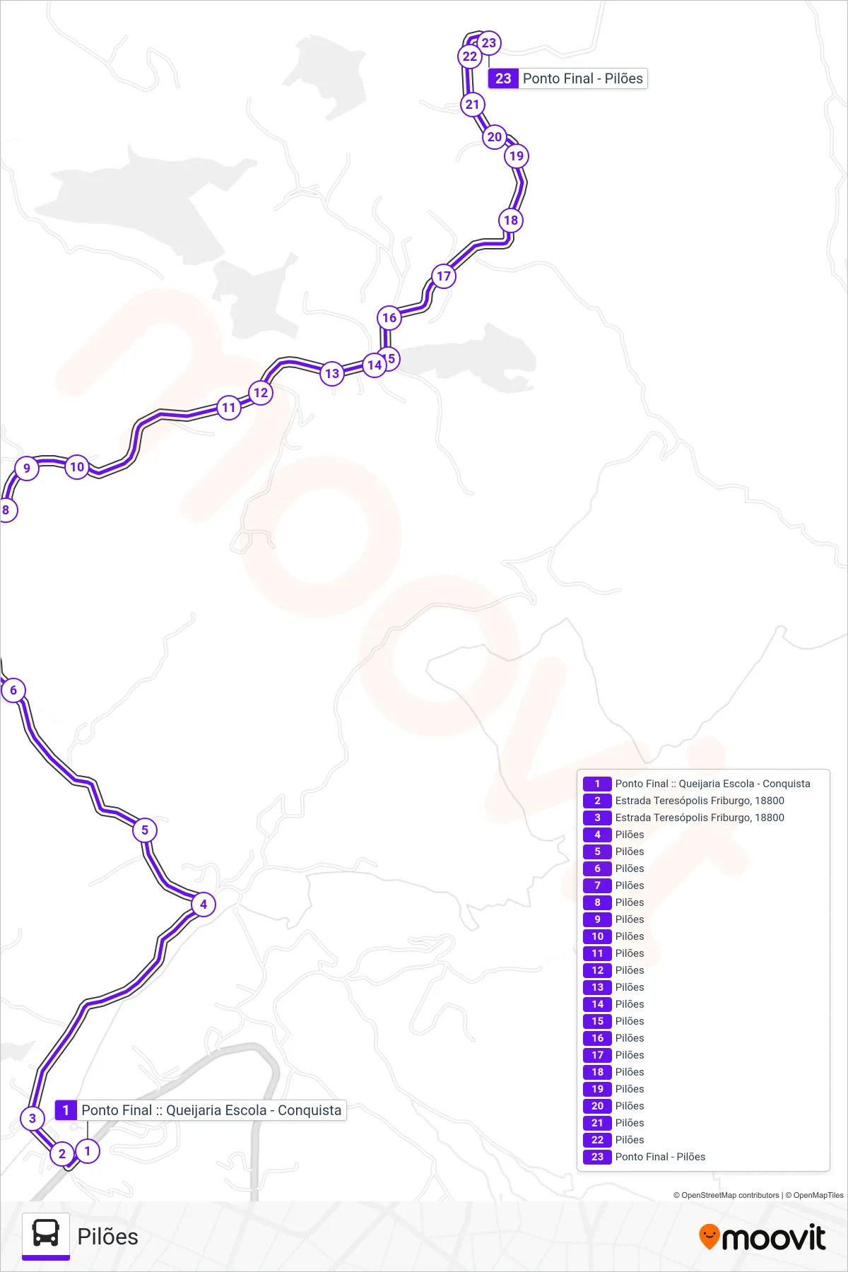 Rota e paradas da linha de ônibus 500 (Pilões) no mapa