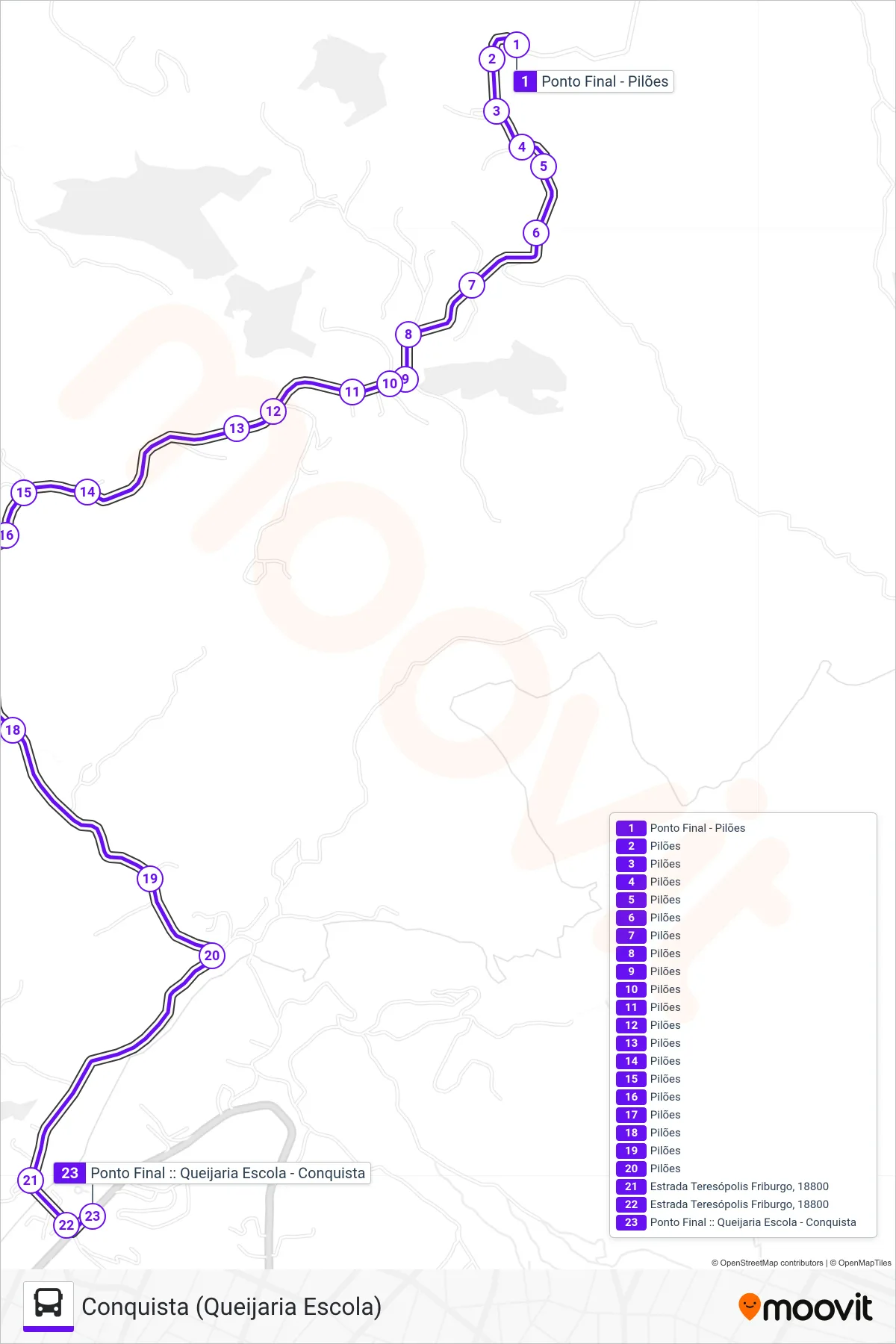 Rota e paradas da linha de ônibus 500 (Conquista (Queijaria Escola)) no mapa