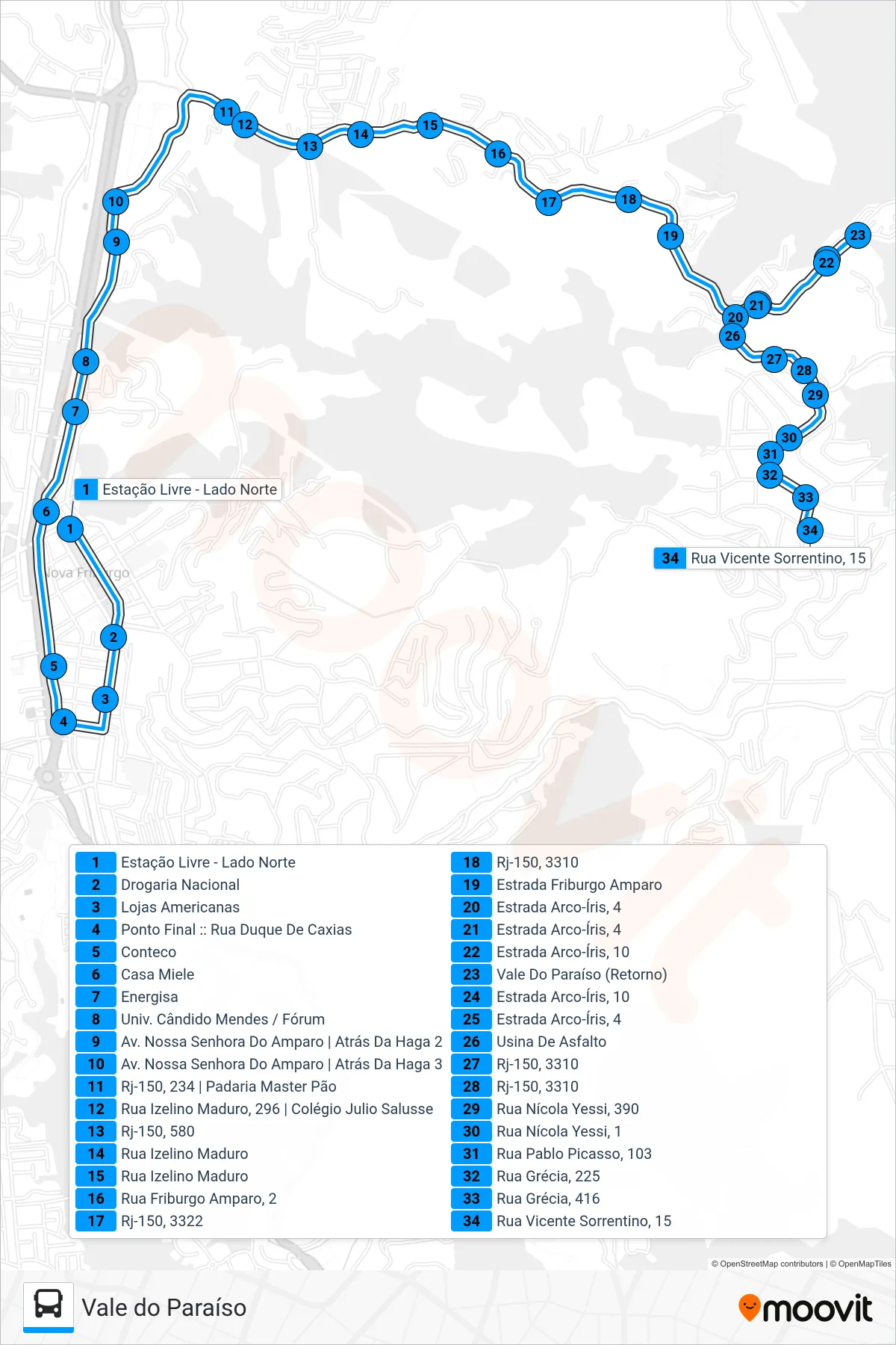 Rota e paradas da linha de ônibus 32-A (Nova Suíça (Via Vale Do Paraíso)) no mapa