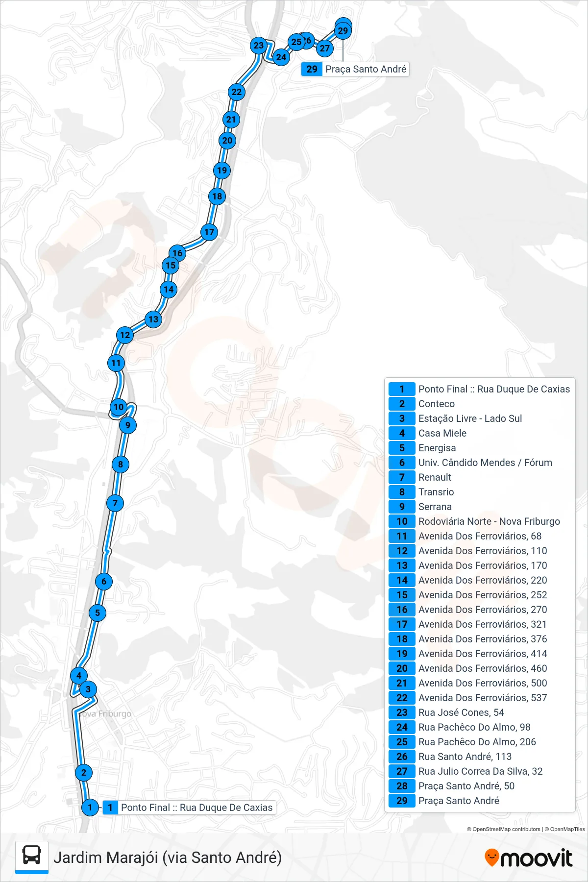 Rota e paradas da linha de ônibus 18 (Santo André) no mapa