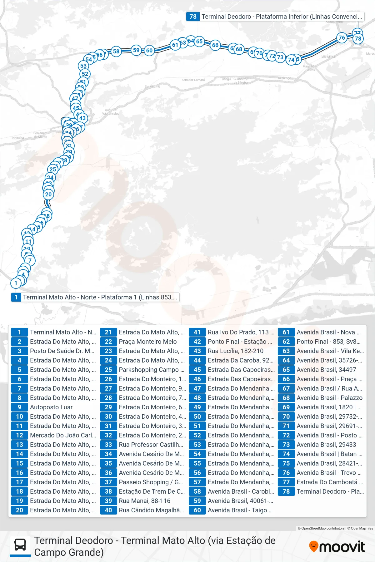 Rota e paradas da linha de ônibus SN 853 (Terminal Deodoro) no mapa