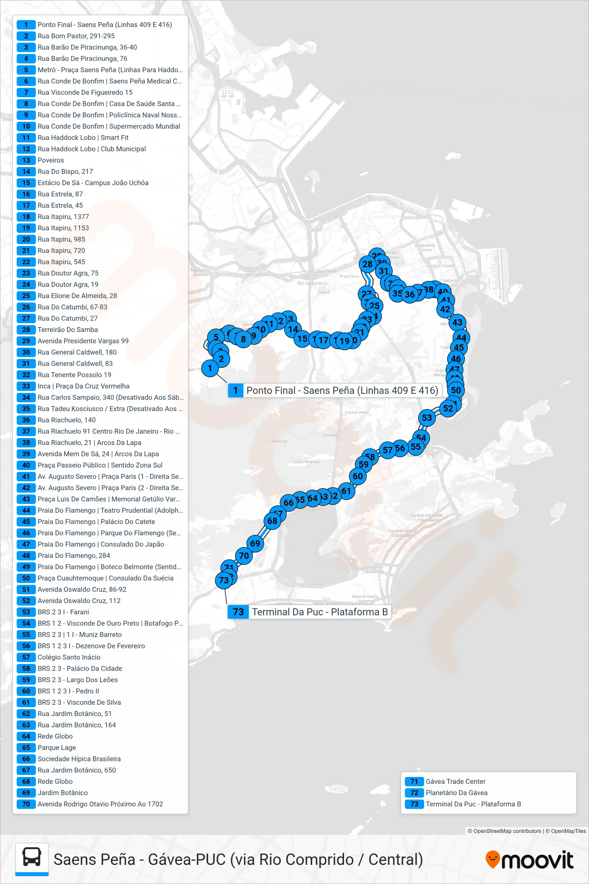 SN 410 bus Line (Gávea-PUC) route and stops on a map