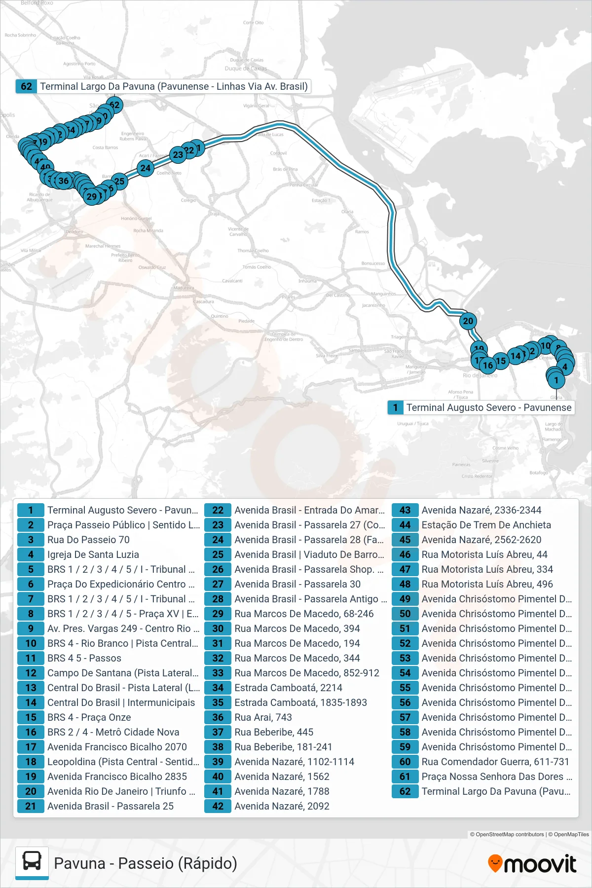Rota e paradas da linha de ônibus SR 384 (Pavuna) no mapa