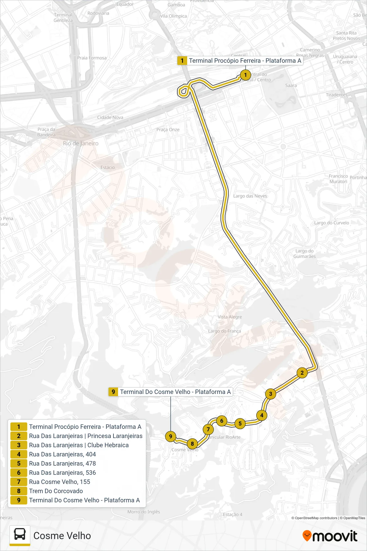 117 bus Line (Cosme Velho) route and stops on a map