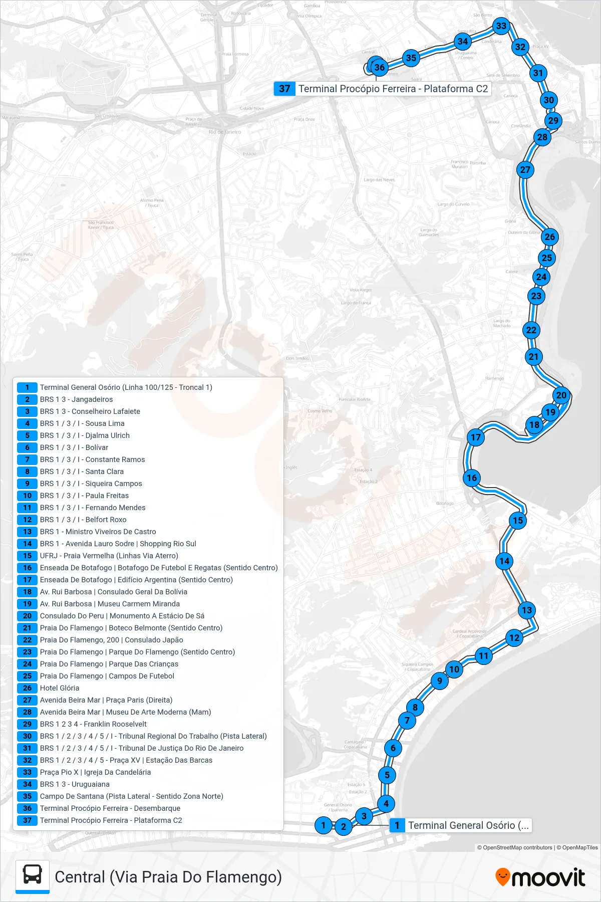 Rota e paradas da linha de ônibus 100 (Central (Via Praia Do Flamengo)) no mapa