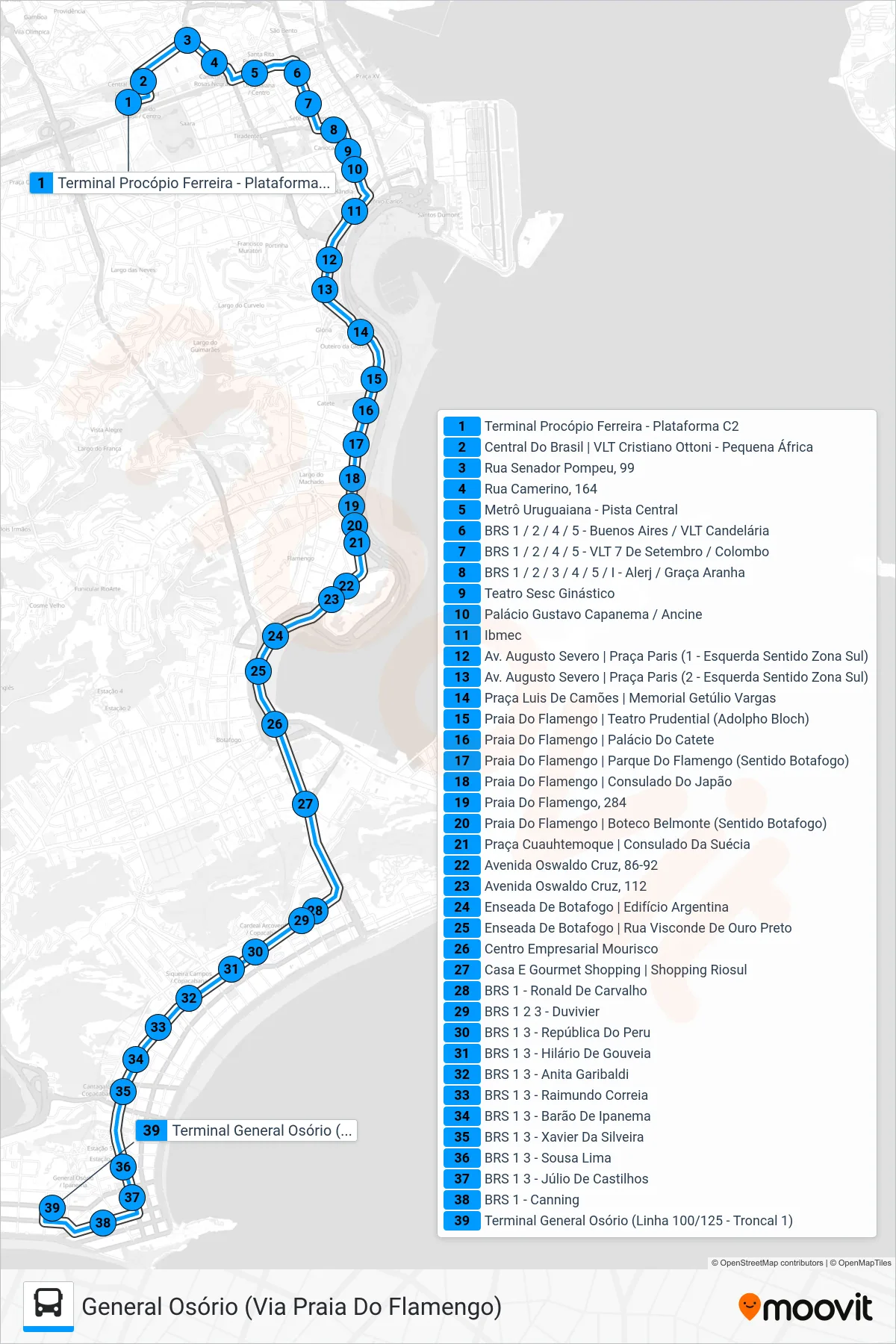 Rota e paradas da linha de ônibus 100 (General Osório (Via Praia Do Flamengo)) no mapa