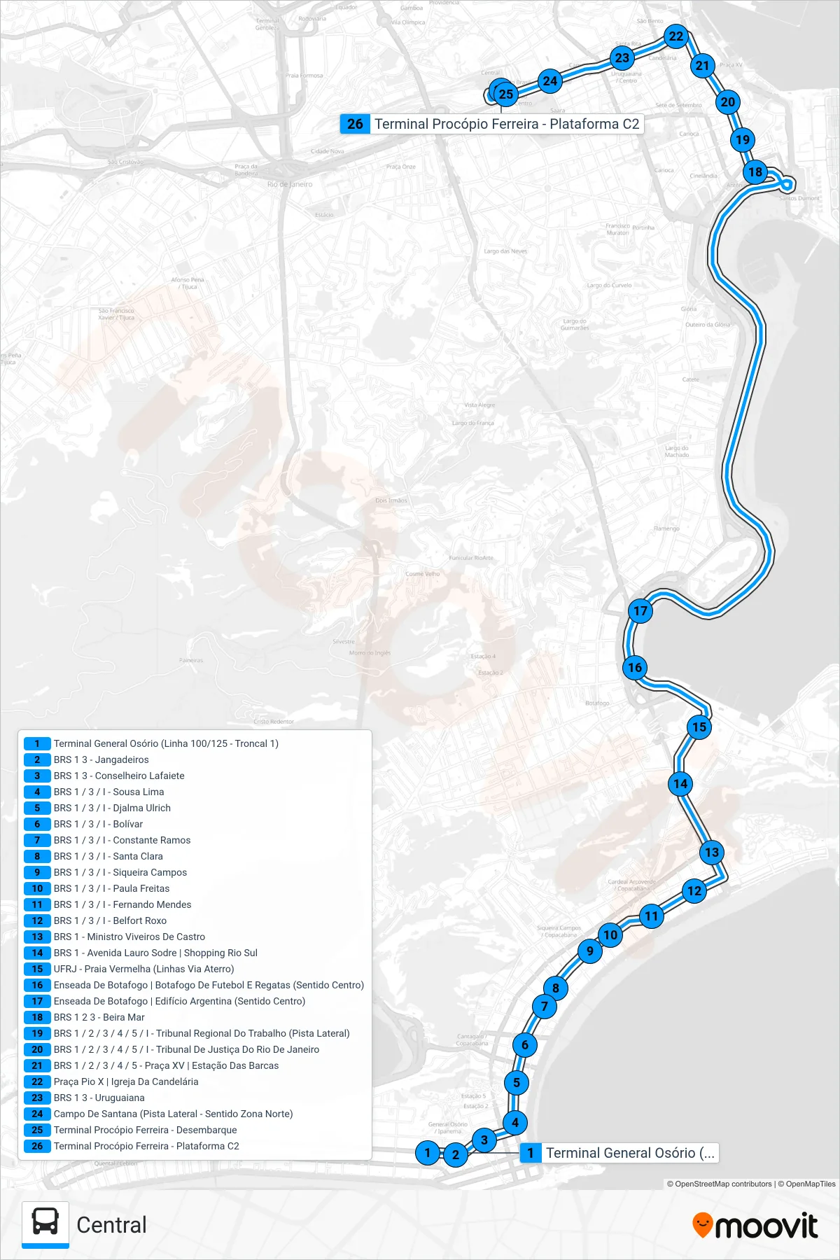 Rota e paradas da linha de ônibus 100 (Central) no mapa