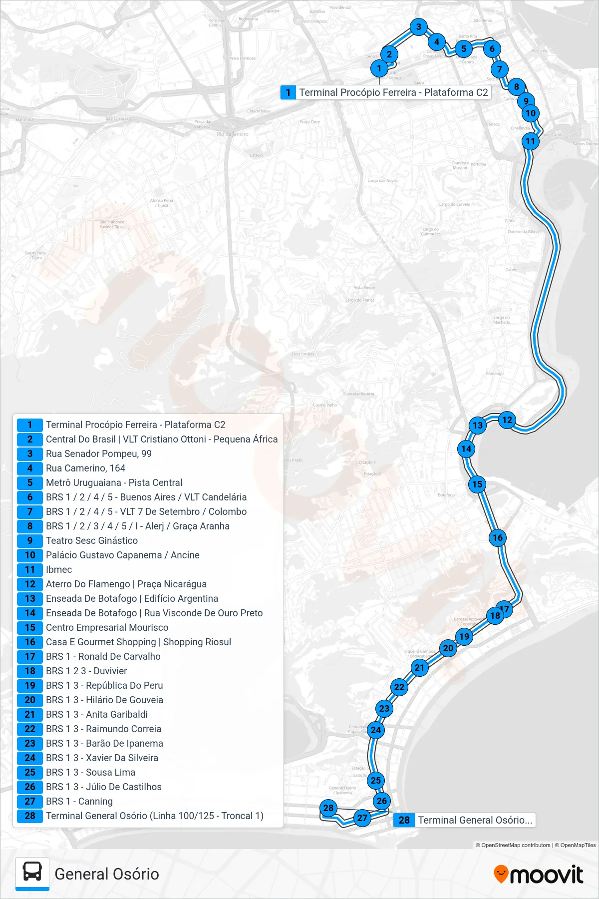 Rota e paradas da linha de ônibus 100 (General Osório) no mapa