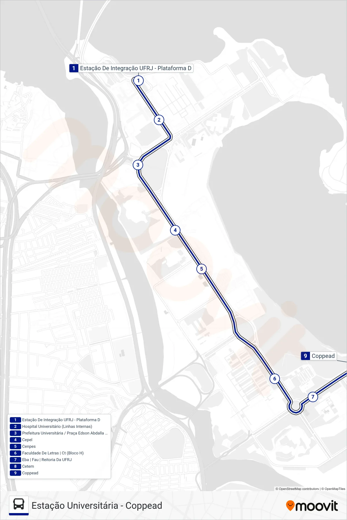 Rota e paradas da linha de ônibus 2 (Coppead) no mapa