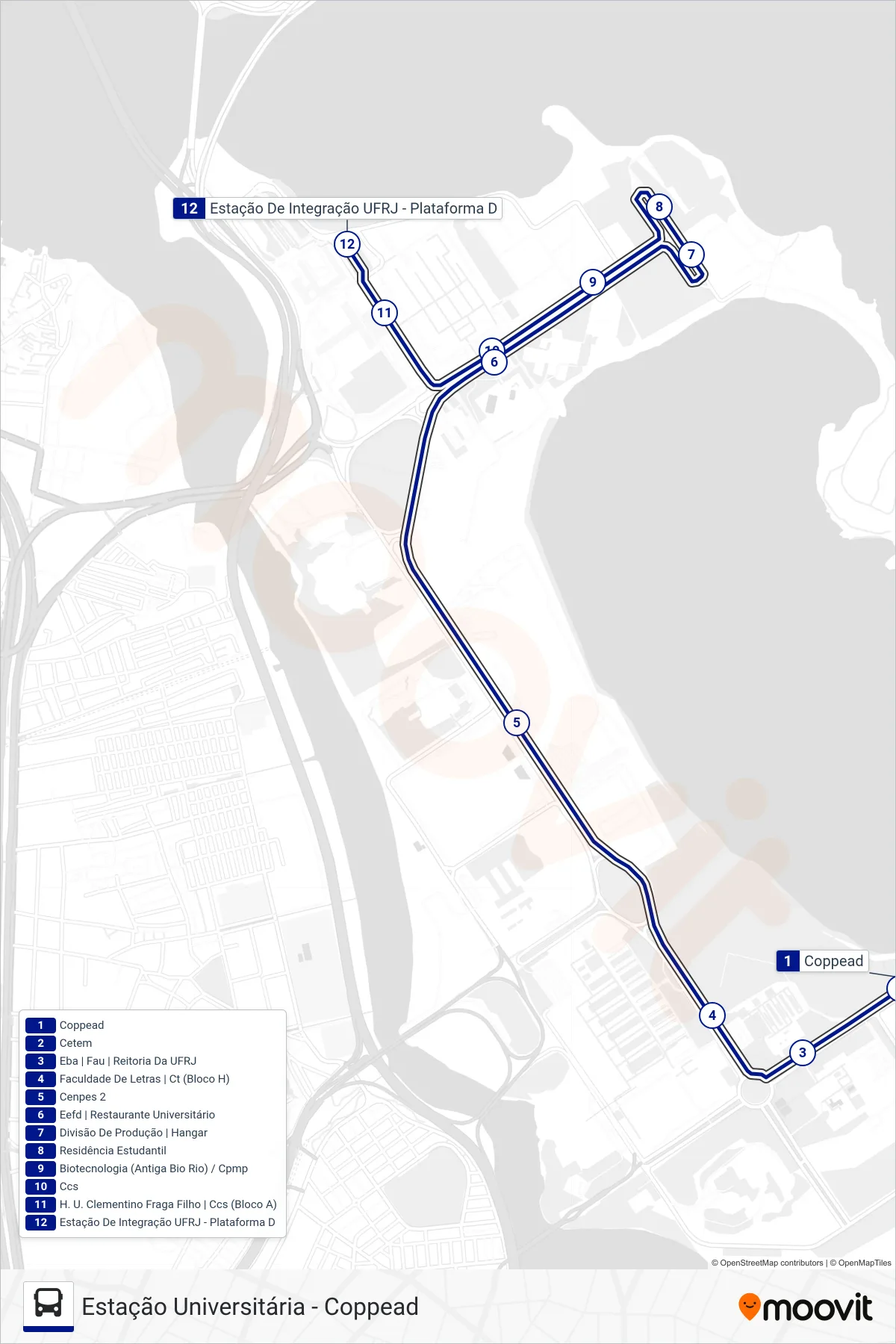 Rota e paradas da linha de ônibus 2 (Estação Universitária) no mapa