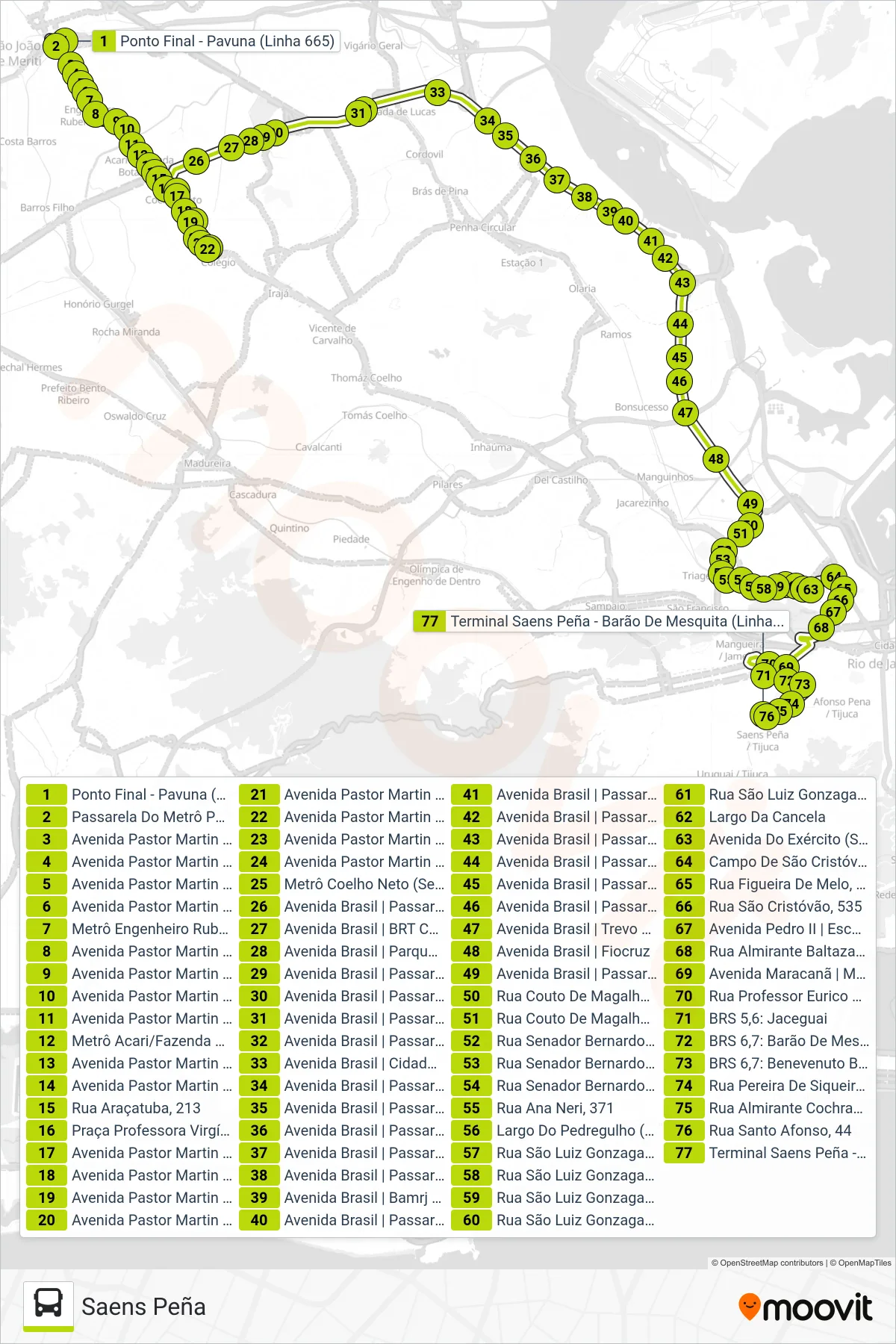665 bus Line (Saens Peña) route and stops on a map