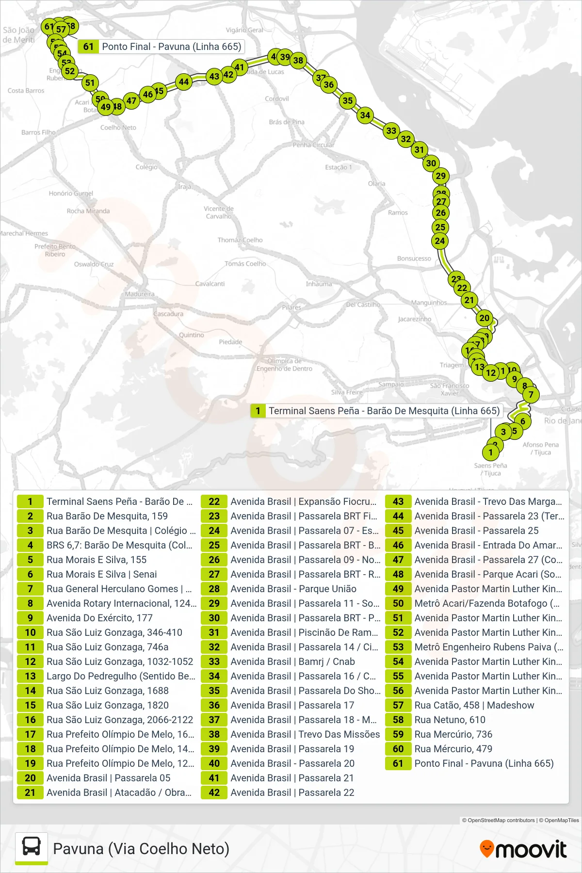 Rota e paradas da linha de ônibus 665 (Pavuna (Via Coelho Neto)) no mapa