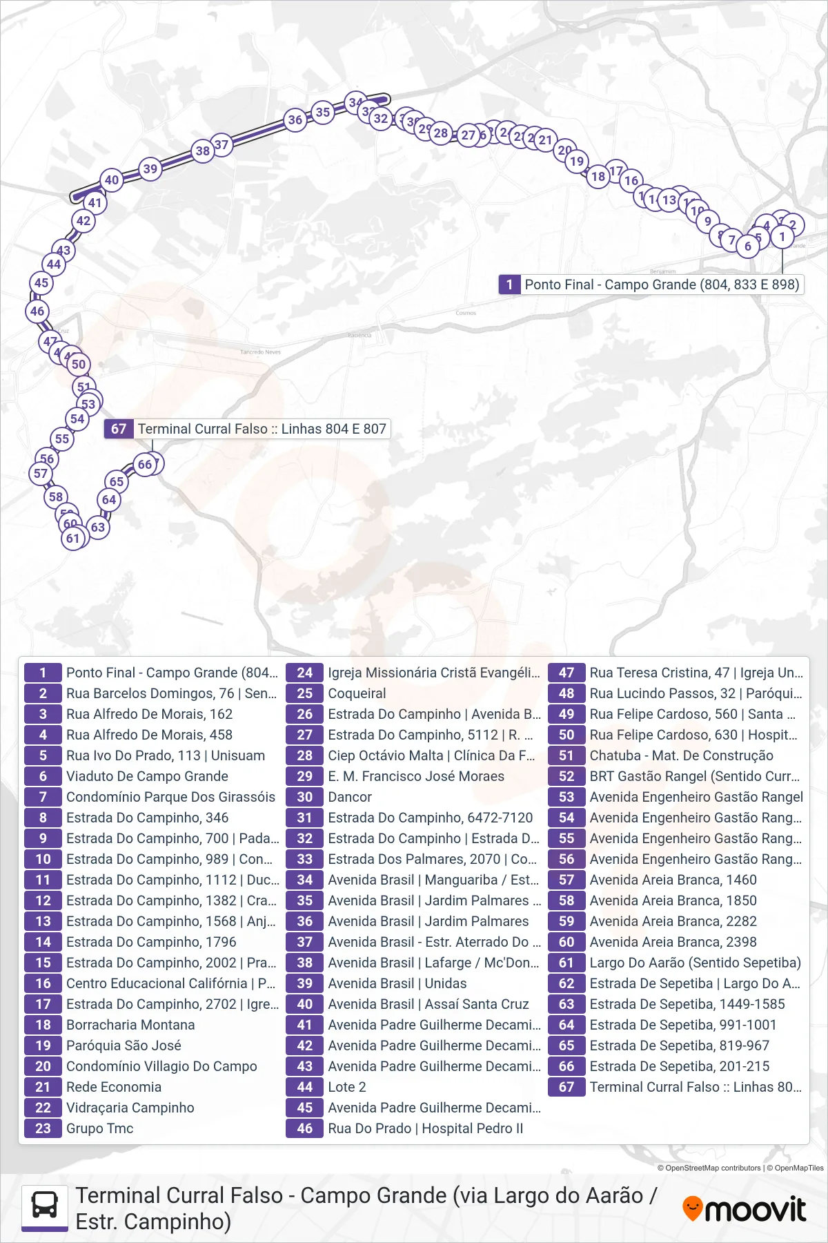 804 bus Line (Terminal Curral Falso) route and stops on a map