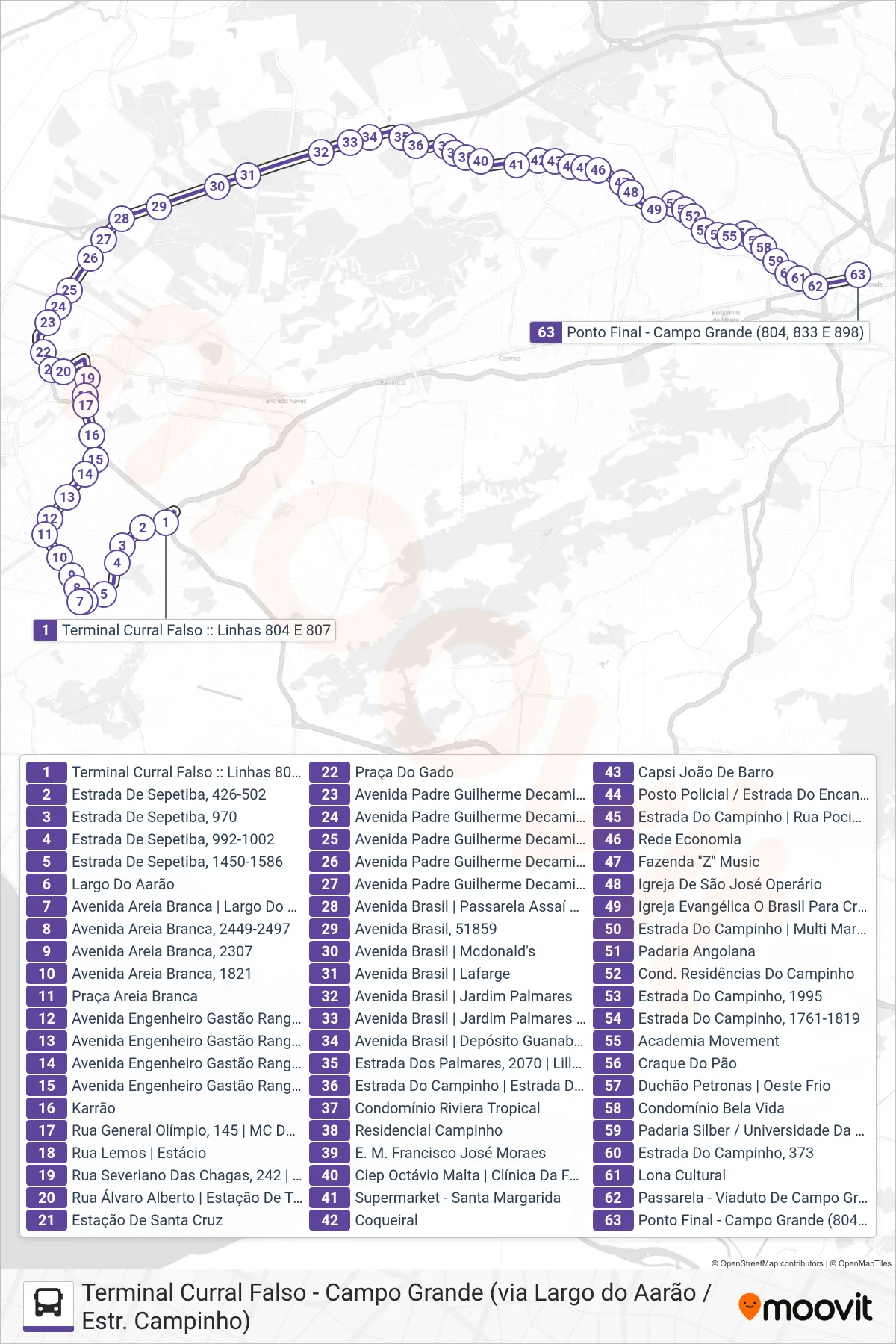 Rota e paradas da linha de ônibus  804  (Campo Grande) no mapa