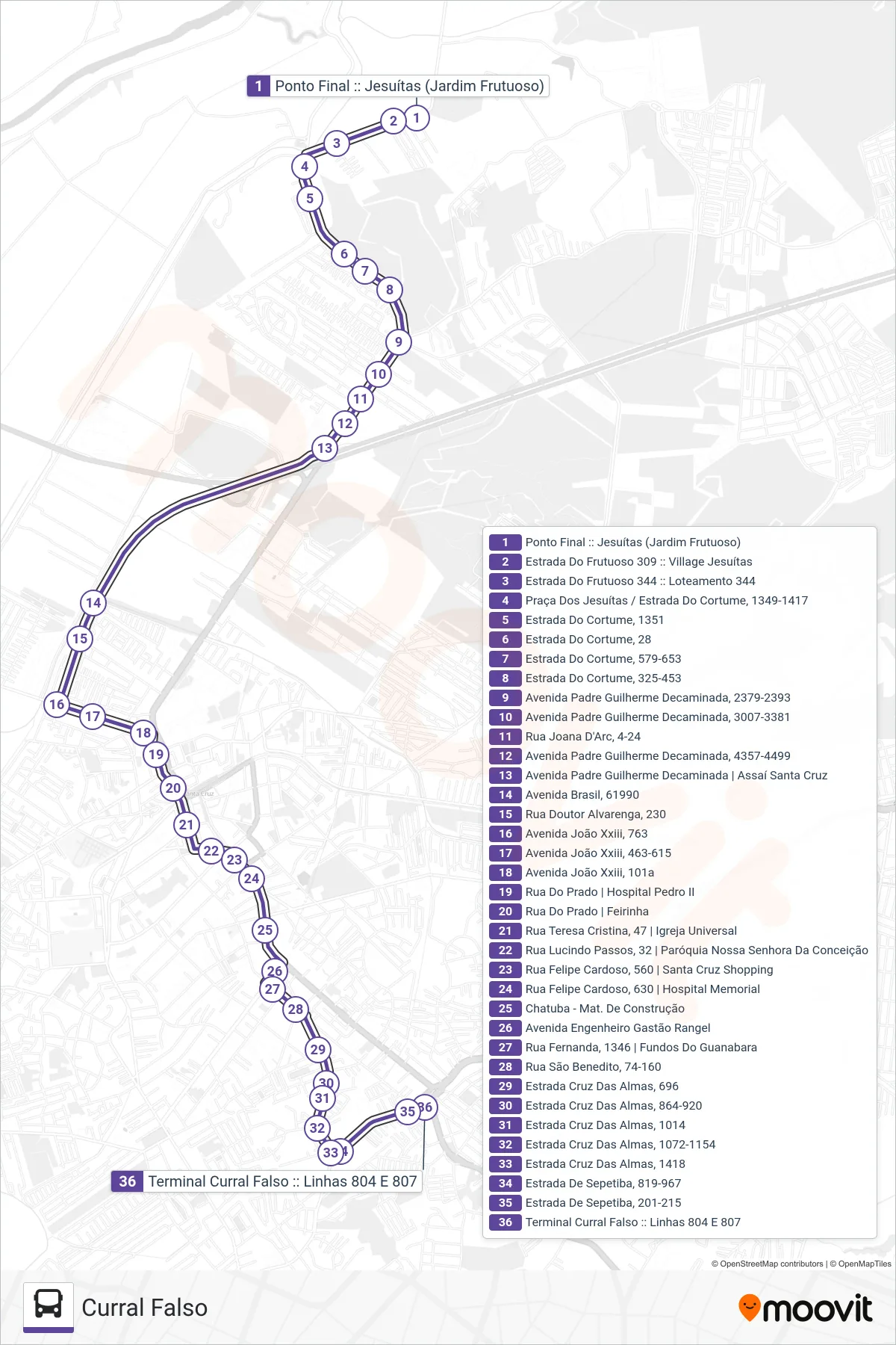 Rota e paradas da linha de ônibus 807 (Curral Falso) no mapa