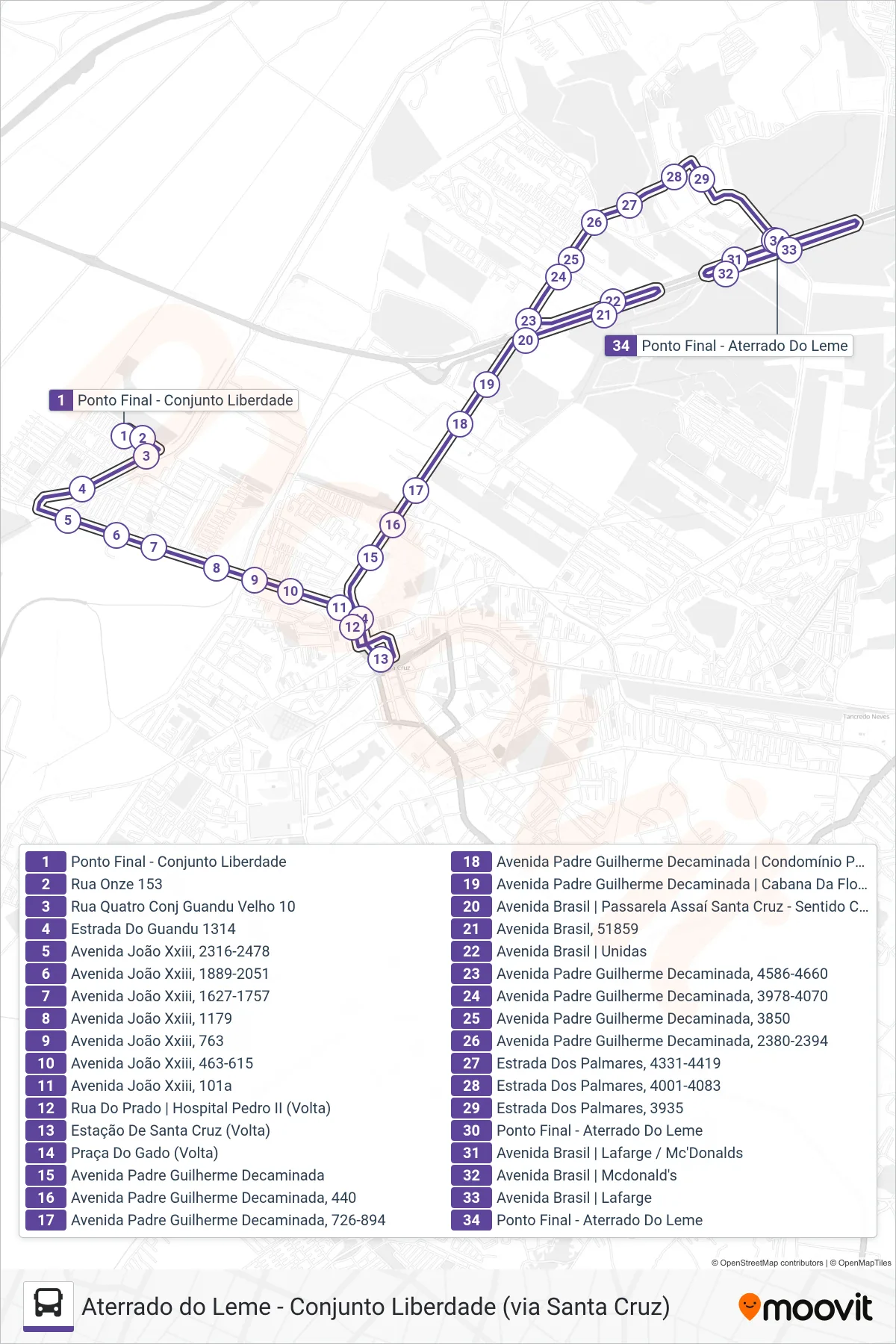 Rota e paradas da linha de ônibus 809 (Aterrado do Leme) no mapa