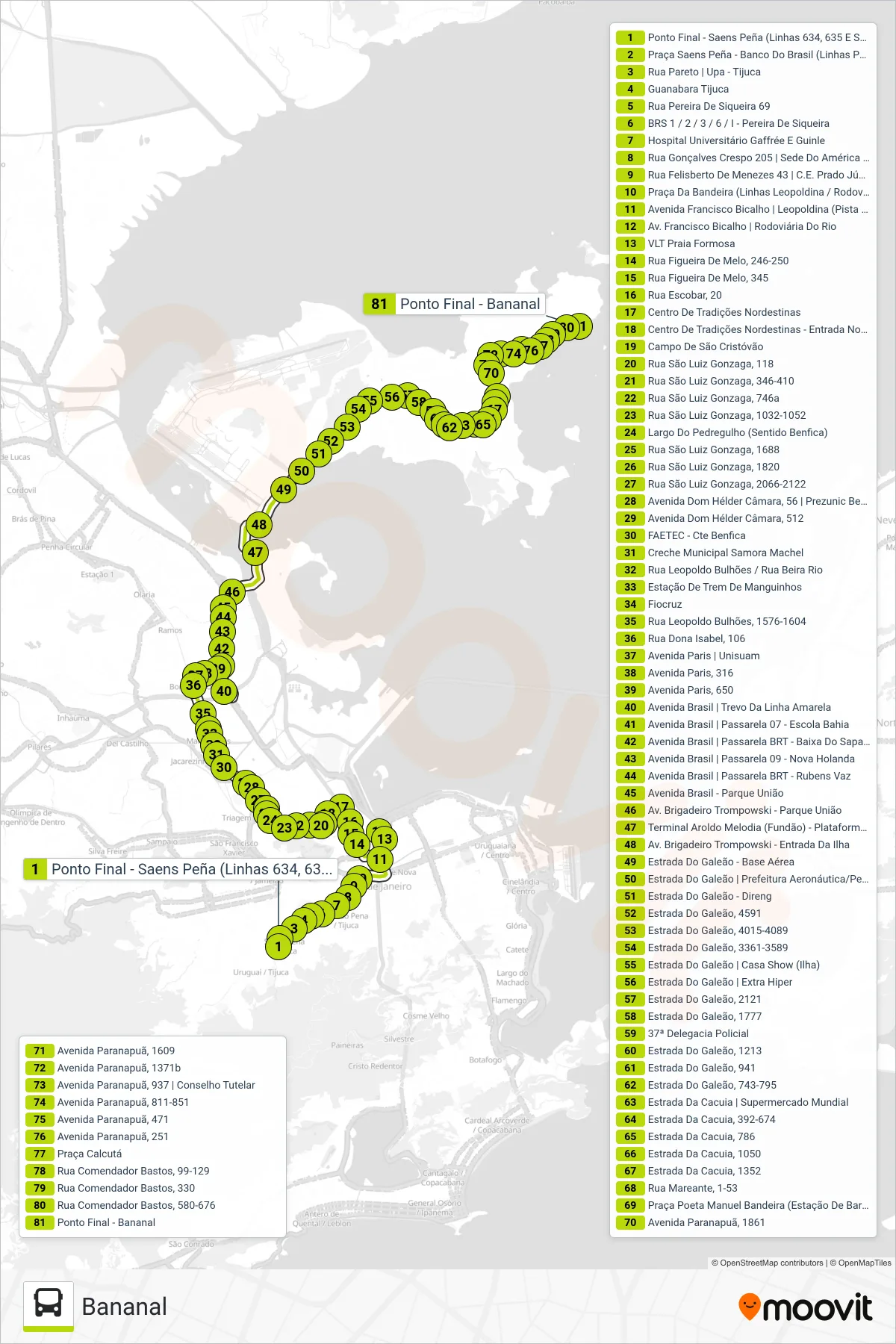 Rota e paradas da linha de ônibus 634 (Bananal) no mapa