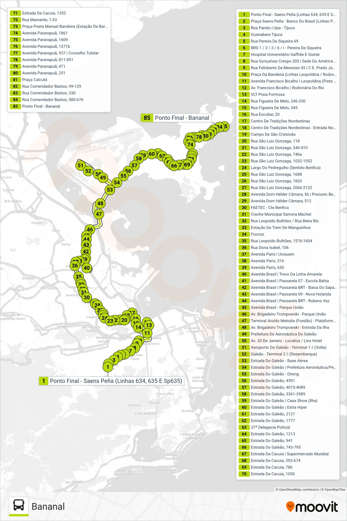 Rota e paradas da linha de ônibus SN 634 (Bananal) no mapa