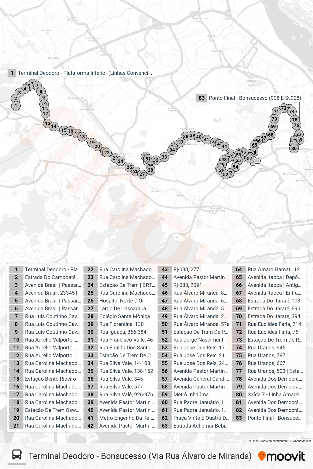 SV 908 bus Line (Bonsucesso) route and stops on a map