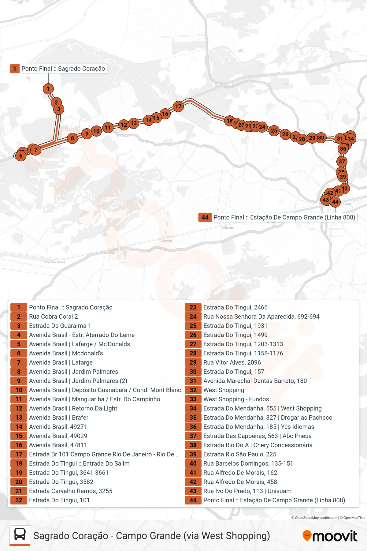Rota e paradas da linha de ônibus 808 (Campo Grande) no mapa