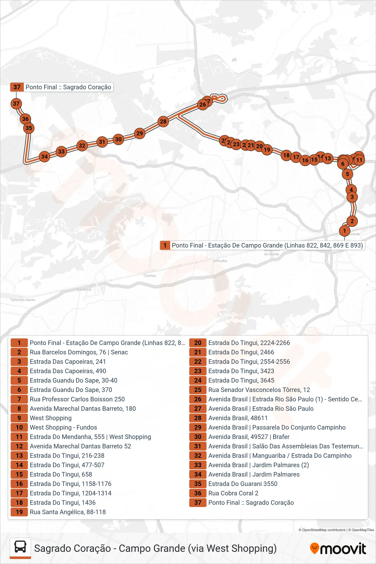808 bus Line (Sagrado Coração) route and stops on a map