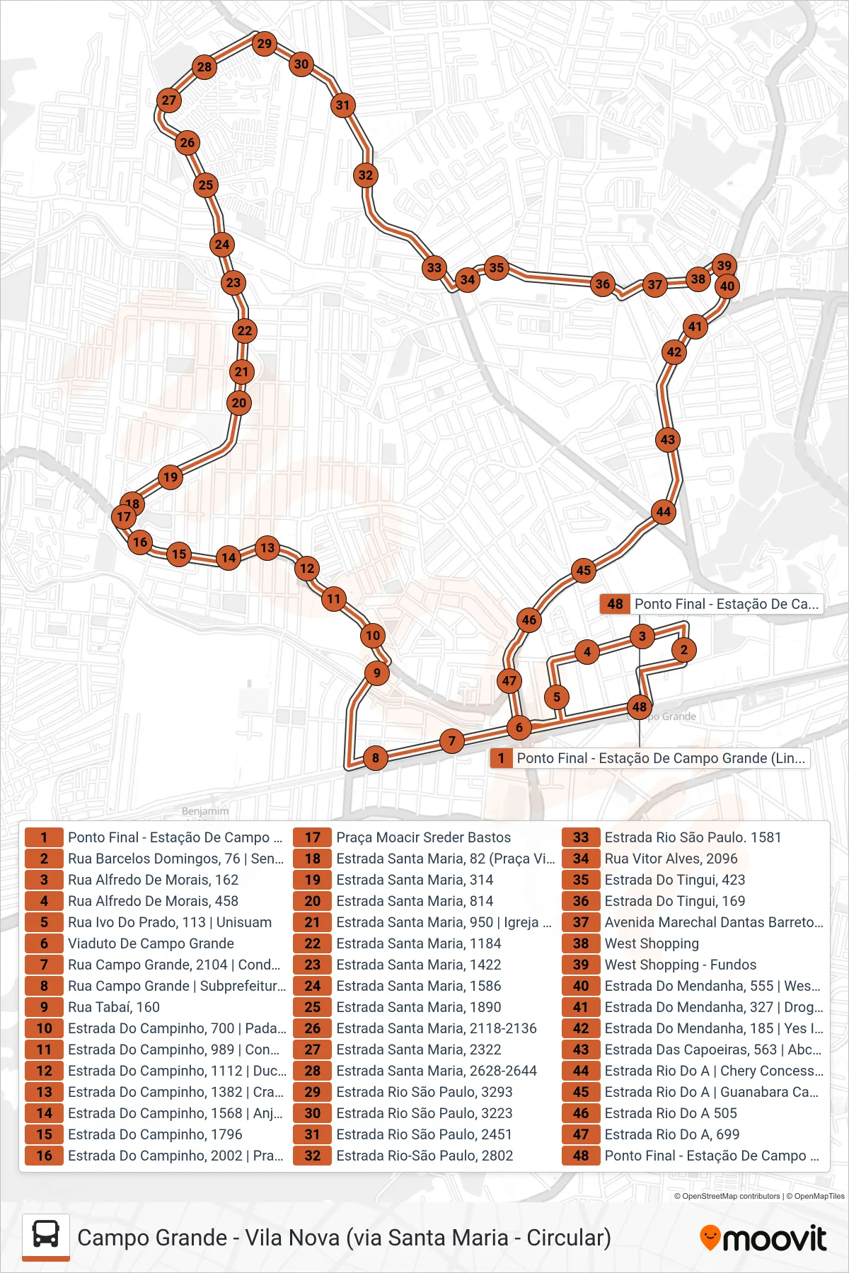 Rota e paradas da linha de ônibus 822 (Campo Grande ↔ Vila Nova (Circular)) no mapa