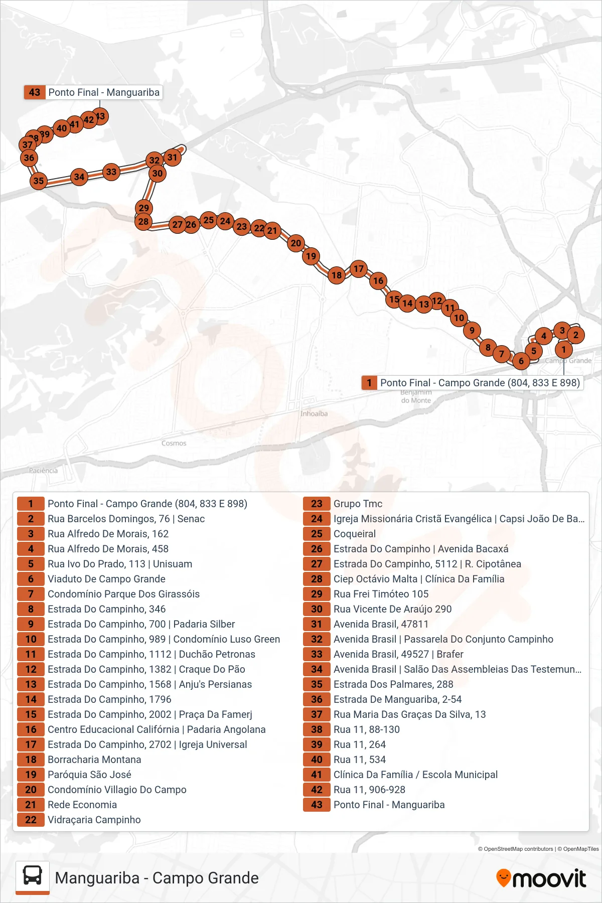 Rota e paradas da linha de ônibus 833 (Manguariba) no mapa