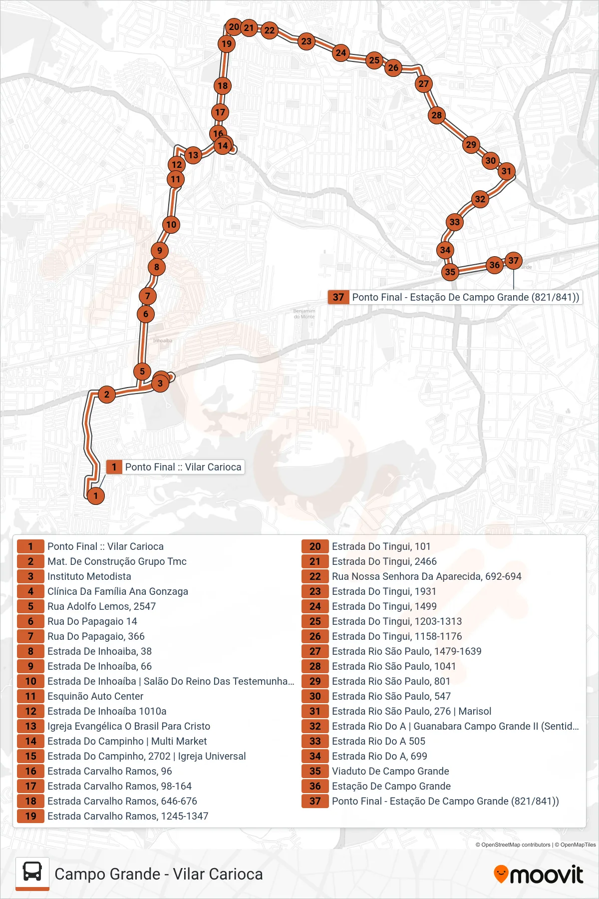 Rota e paradas da linha de ônibus 841 (Campo Grande (via Parque Oeste)) no mapa
