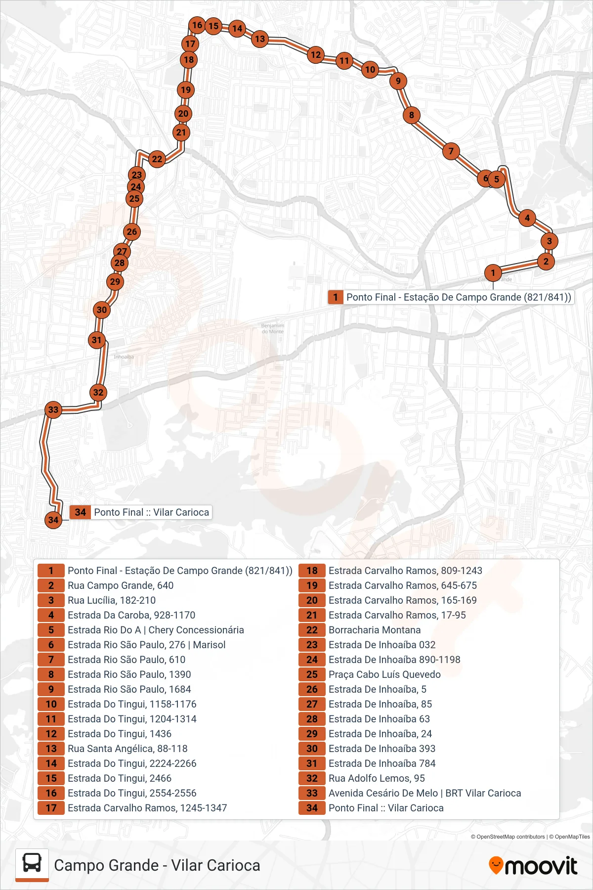 Rota e paradas da linha de ônibus 841 (Vilar Carioca) no mapa