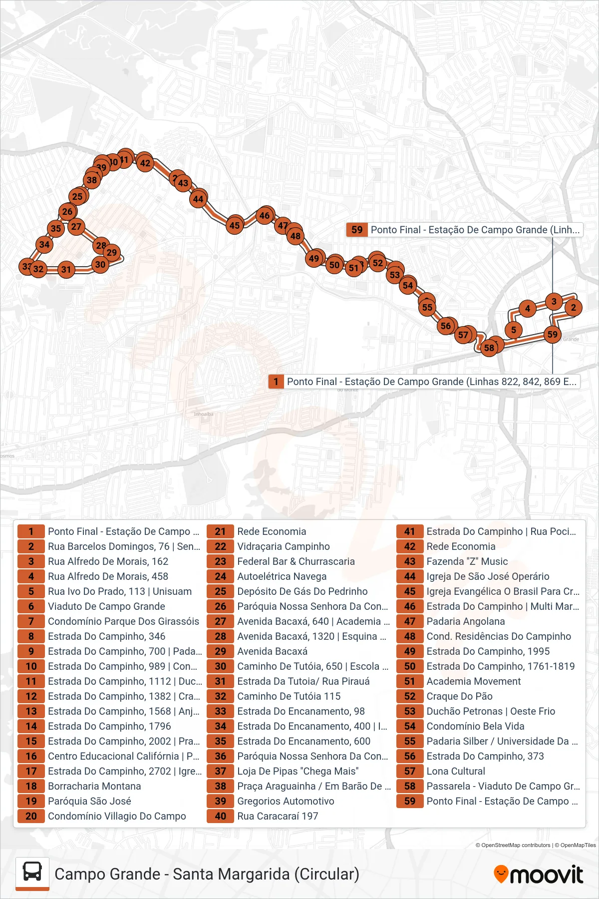 Rota e paradas da linha de ônibus 869 (Santa Margarida (Circular)) no mapa
