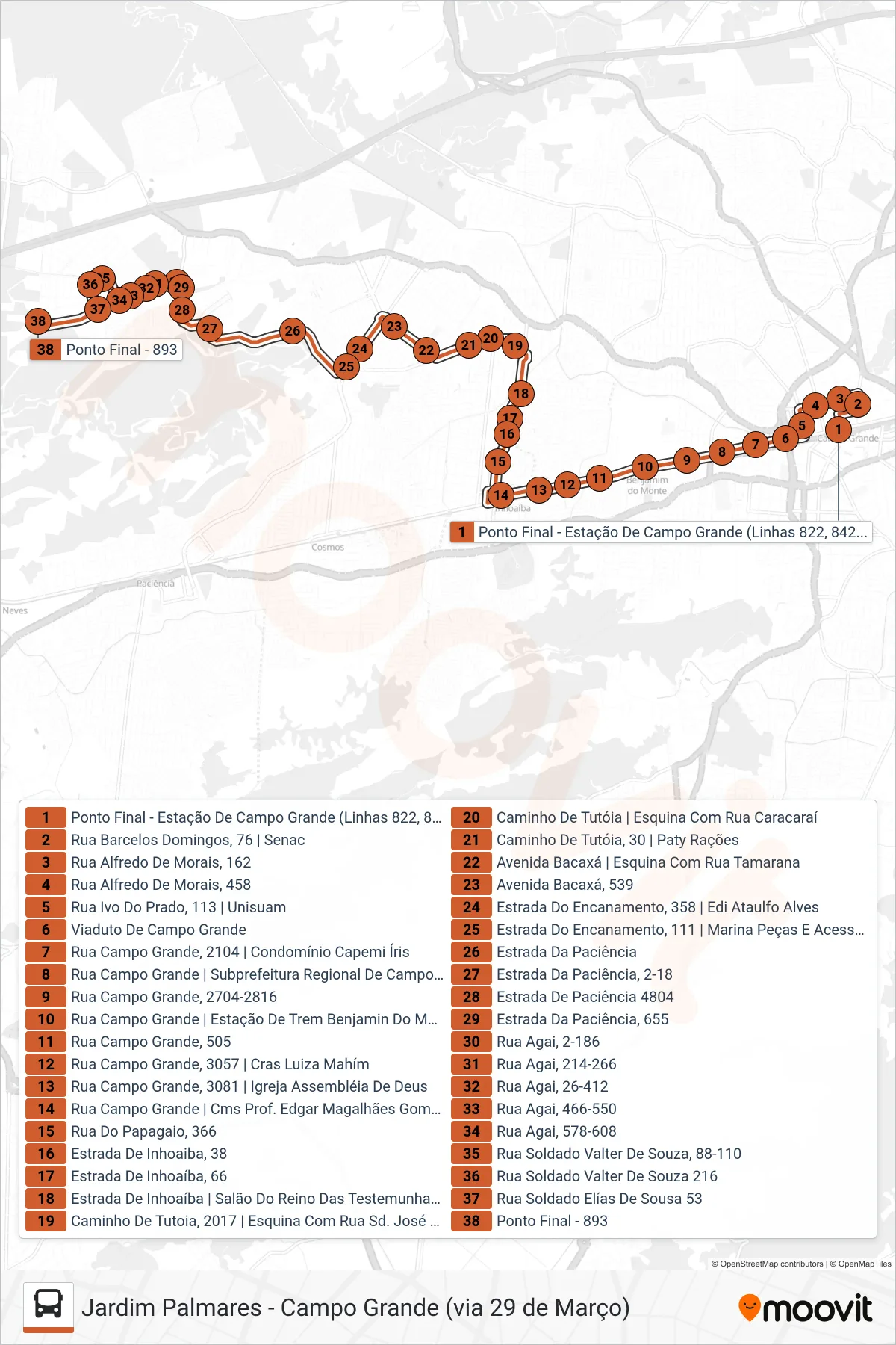 Rota e paradas da linha de ônibus 893 (Jardim Palmares) no mapa