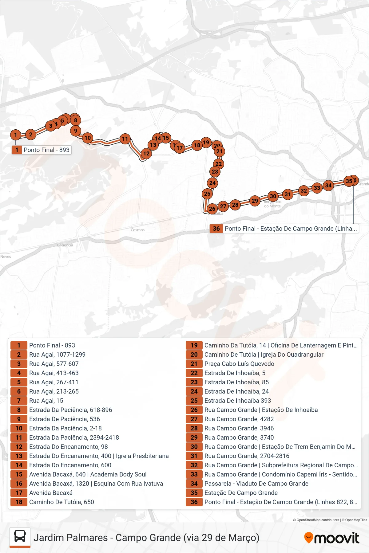 Rota e paradas da linha de ônibus 893 (Campo Grande) no mapa