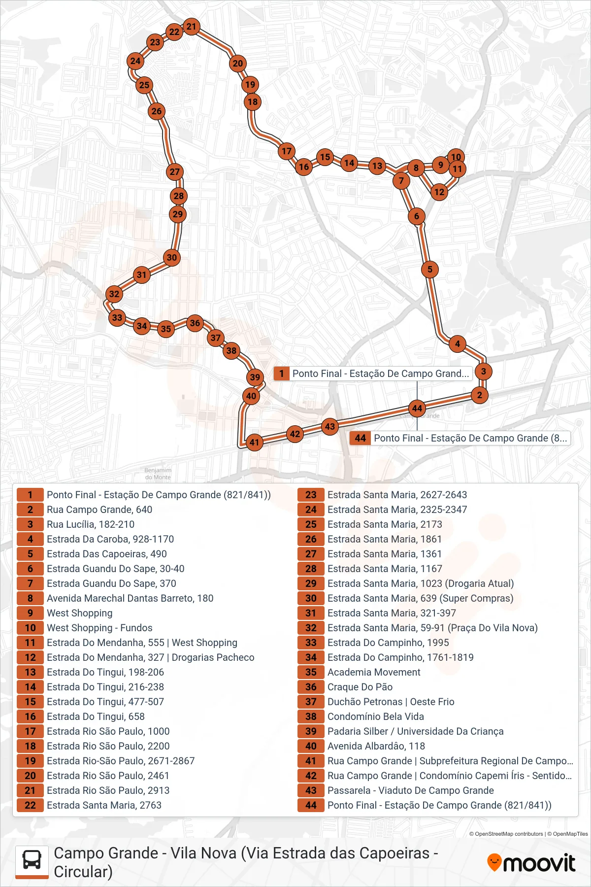 Rota e paradas da linha de ônibus SN 821 (Campo Grande - Vila Nova (Circular)) no mapa