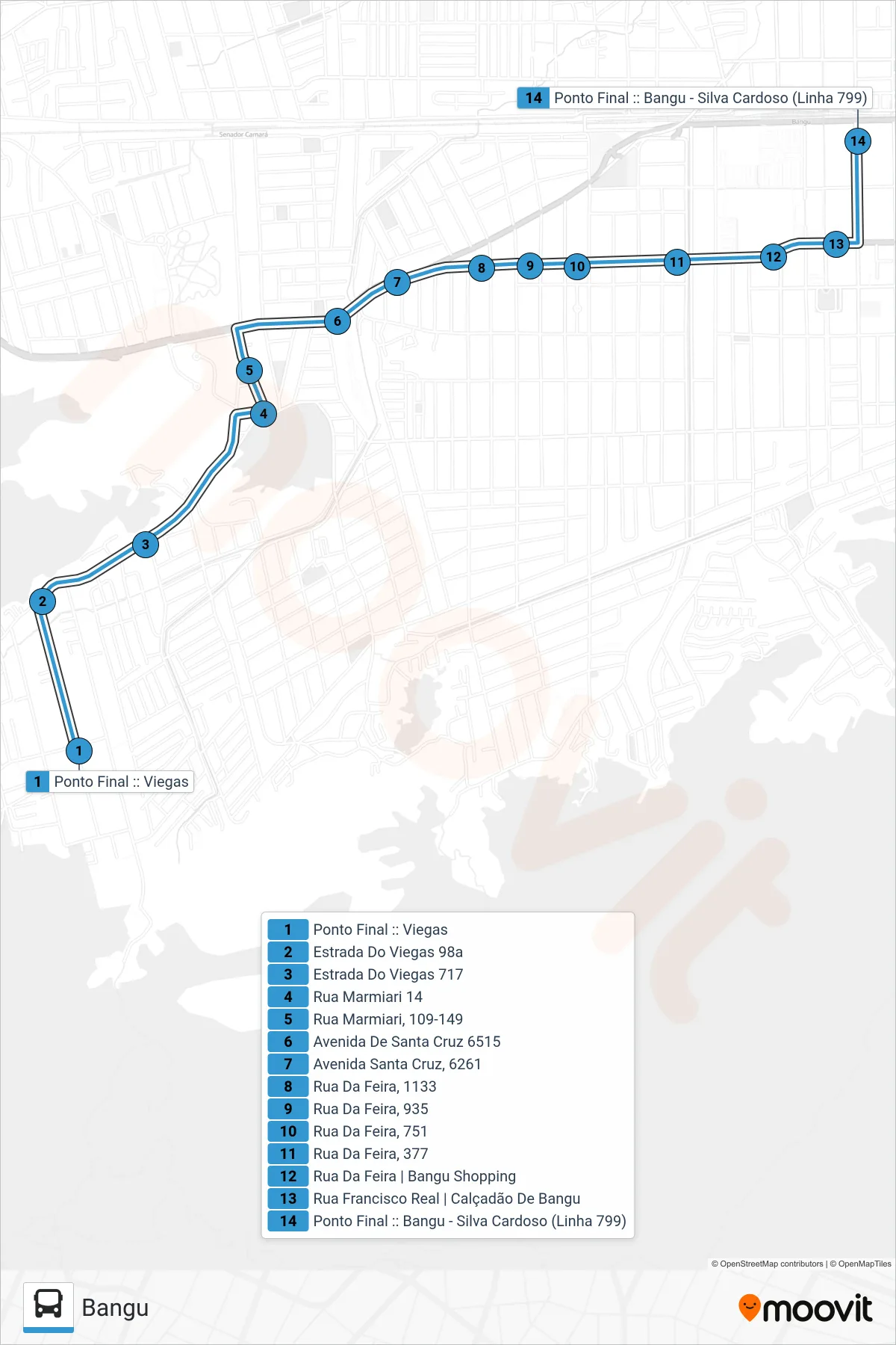 Rota e paradas da linha de ônibus LECD158 (Bangu) no mapa