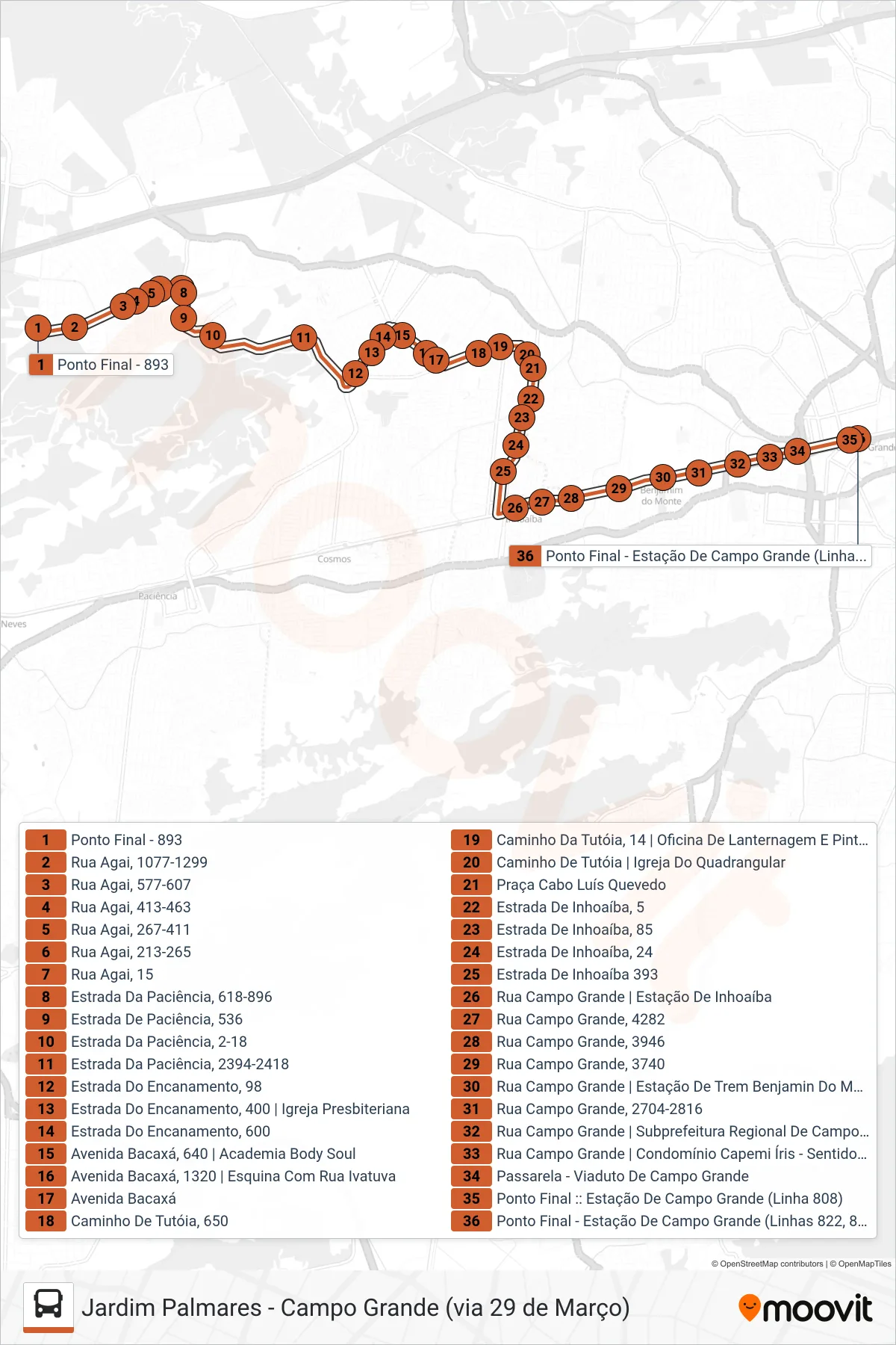 Rota e paradas da linha de ônibus SN 893 (Campo Grande) no mapa