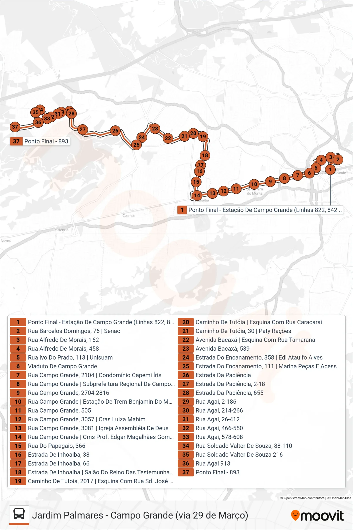 Rota e paradas da linha de ônibus SN 893 (Jardim Palmares) no mapa