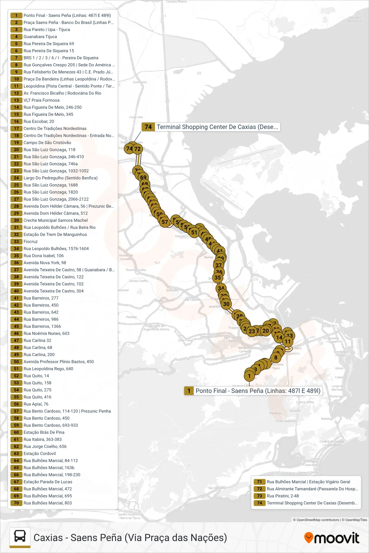 489L bus Line (Caxias) route and stops on a map