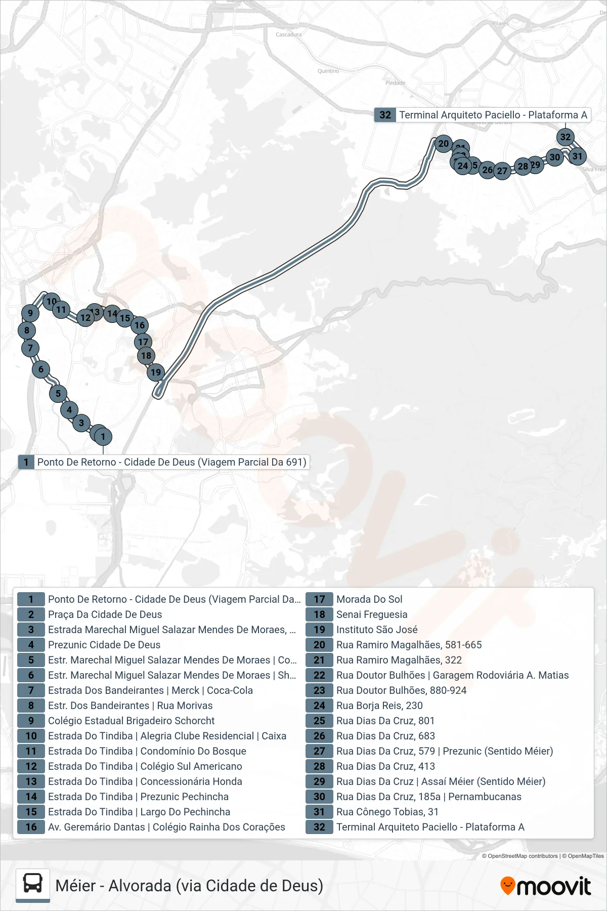 691 bus Line (Méier (Retorno Cidade de Deus)) route and stops on a map