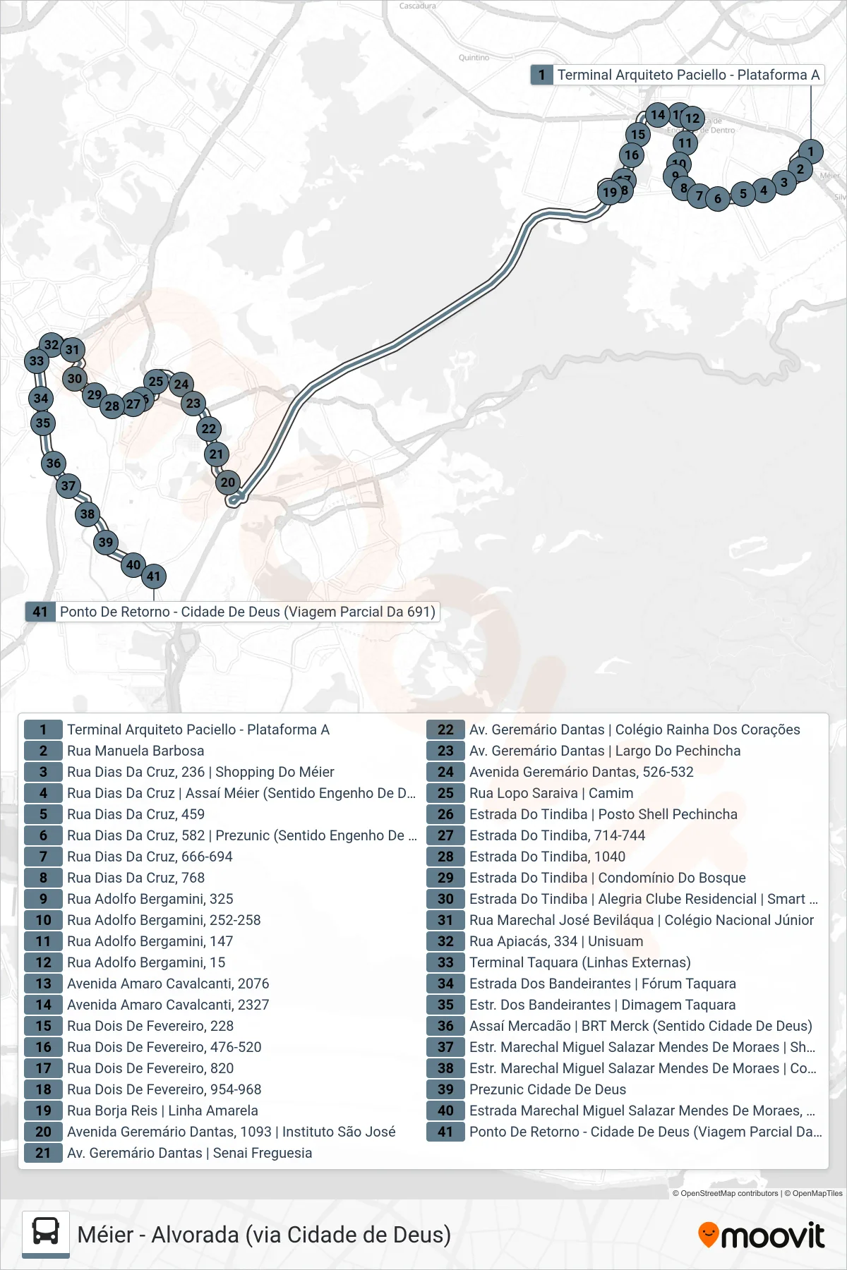 691 bus Line (Cidade De Deus) route and stops on a map
