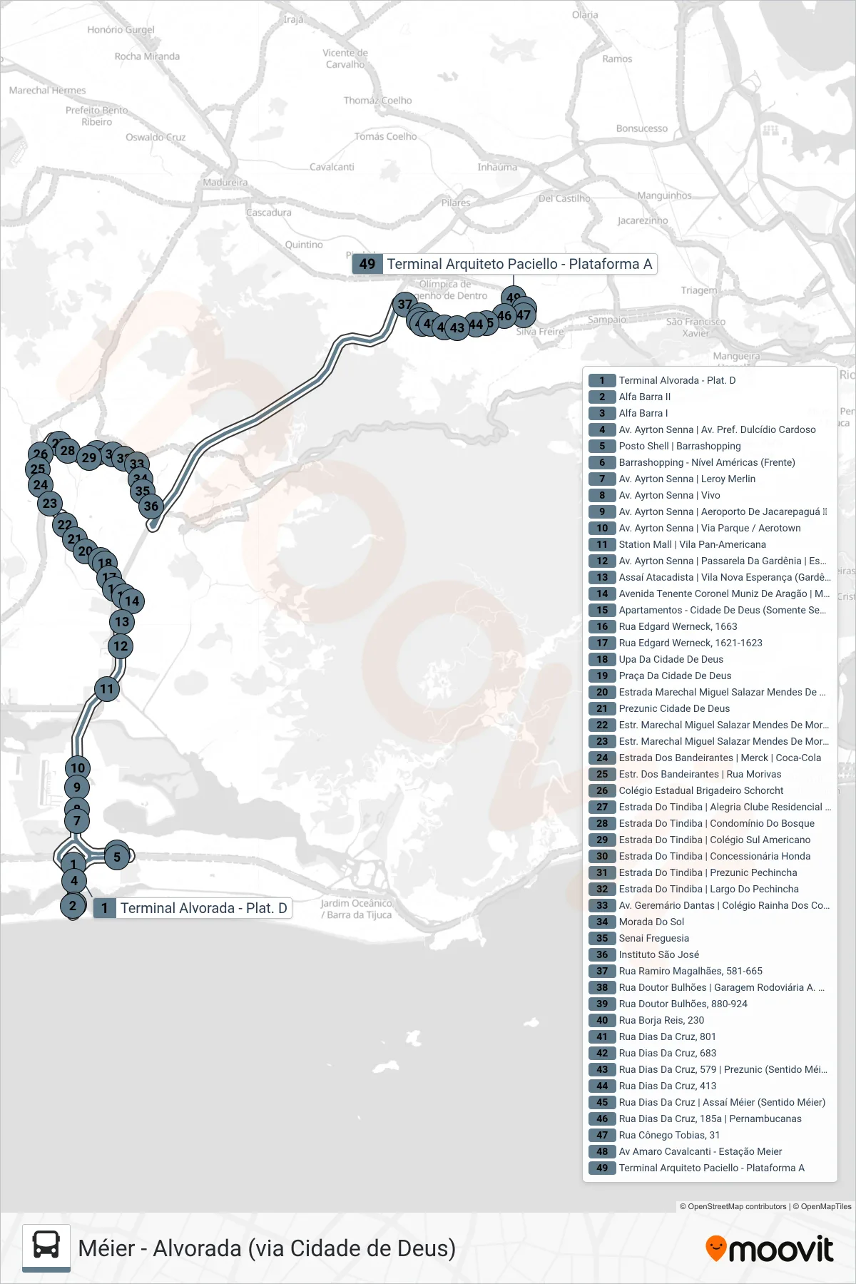 691 bus Line (Méier (Saída do T. Alvorada)) route and stops on a map