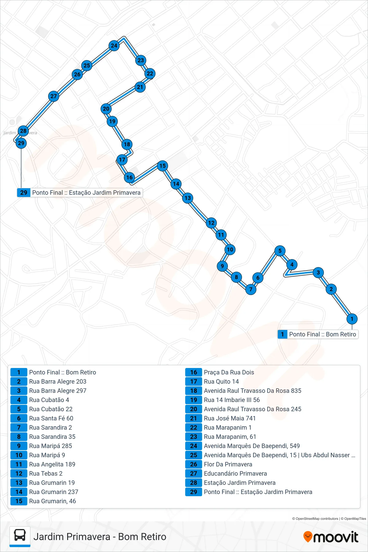 Rota e paradas da linha de ônibus TZ06 (Jardim Primavera) no mapa