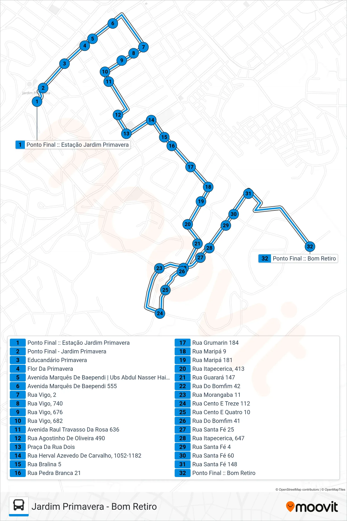Rota e paradas da linha de ônibus  TZ06  (Bom Retiro) no mapa