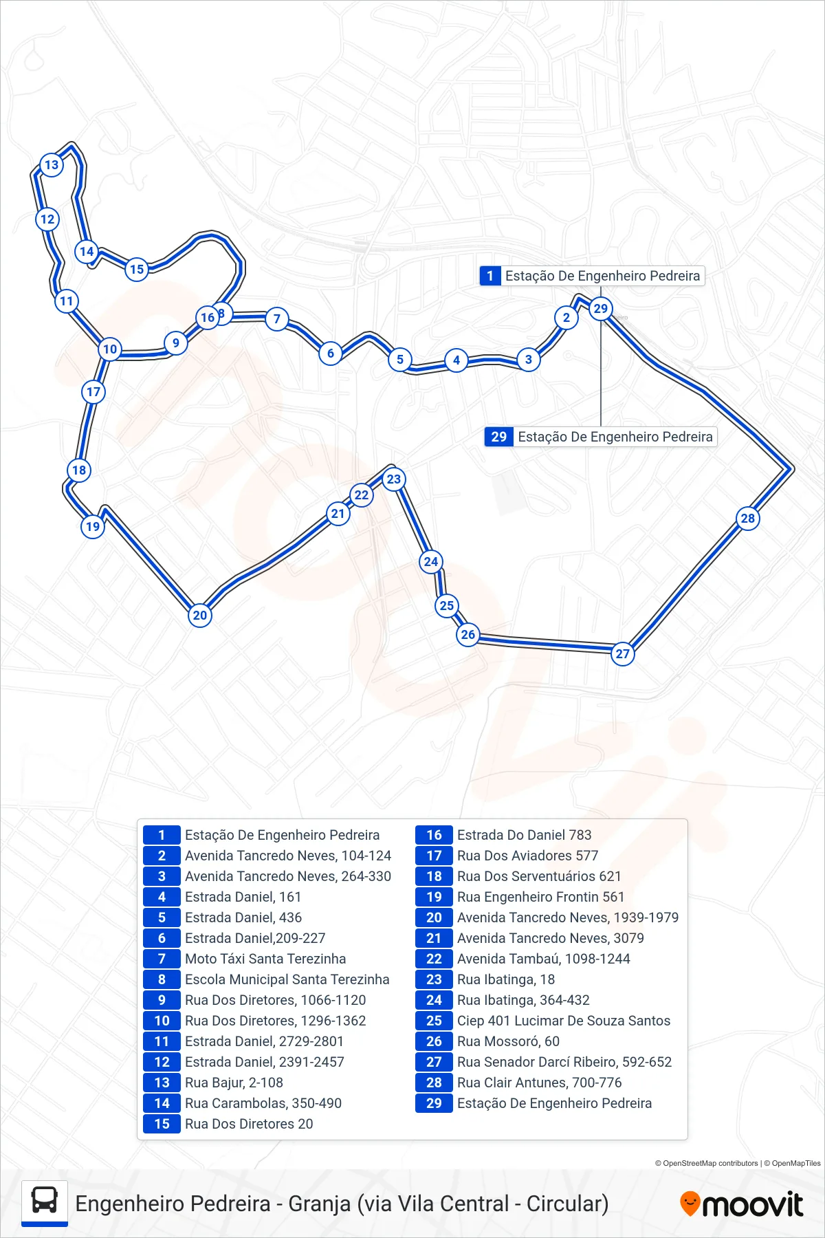 Rota e paradas da linha de ônibus TZ60 (Pedreira ↔ Granja) no mapa